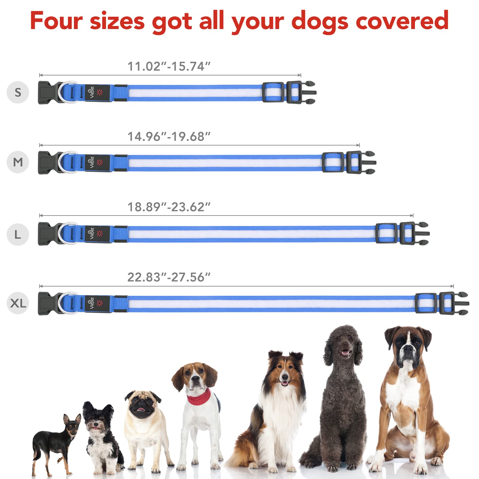 VIZPET LED Dog Collar - Adjustable, USB Rechargeable, Super Bright, Medium 14.96-19.68 inch, Blue, Thermoplastic Polyurethane Material