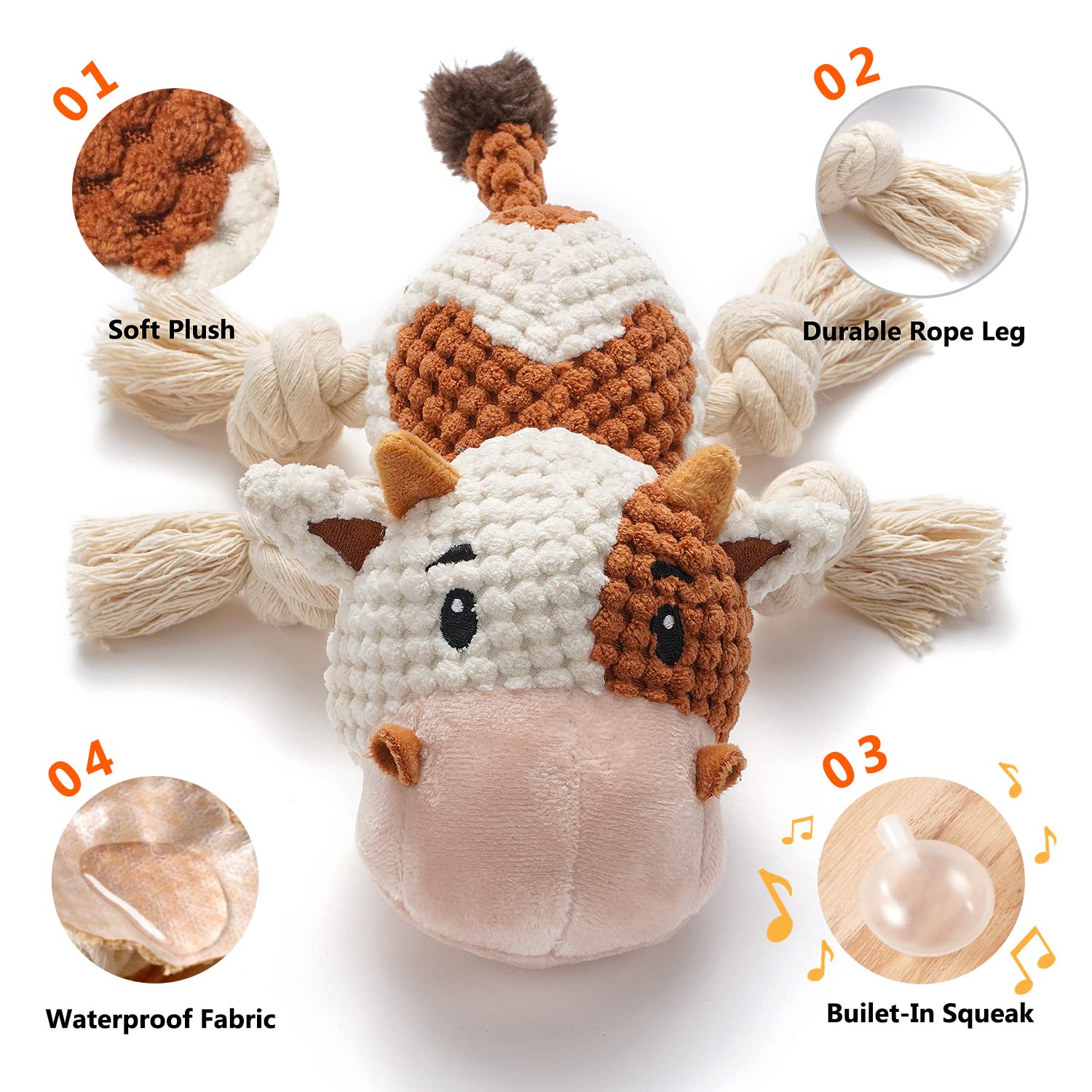 Sedioso Dog Toys, Dog Plush Toy For Large Breed, Cute Squeaky Dog Toys With Crinkle Paper , Dog Chew Toys For Puppy, Small, Middle, Big Dogs (Cow)