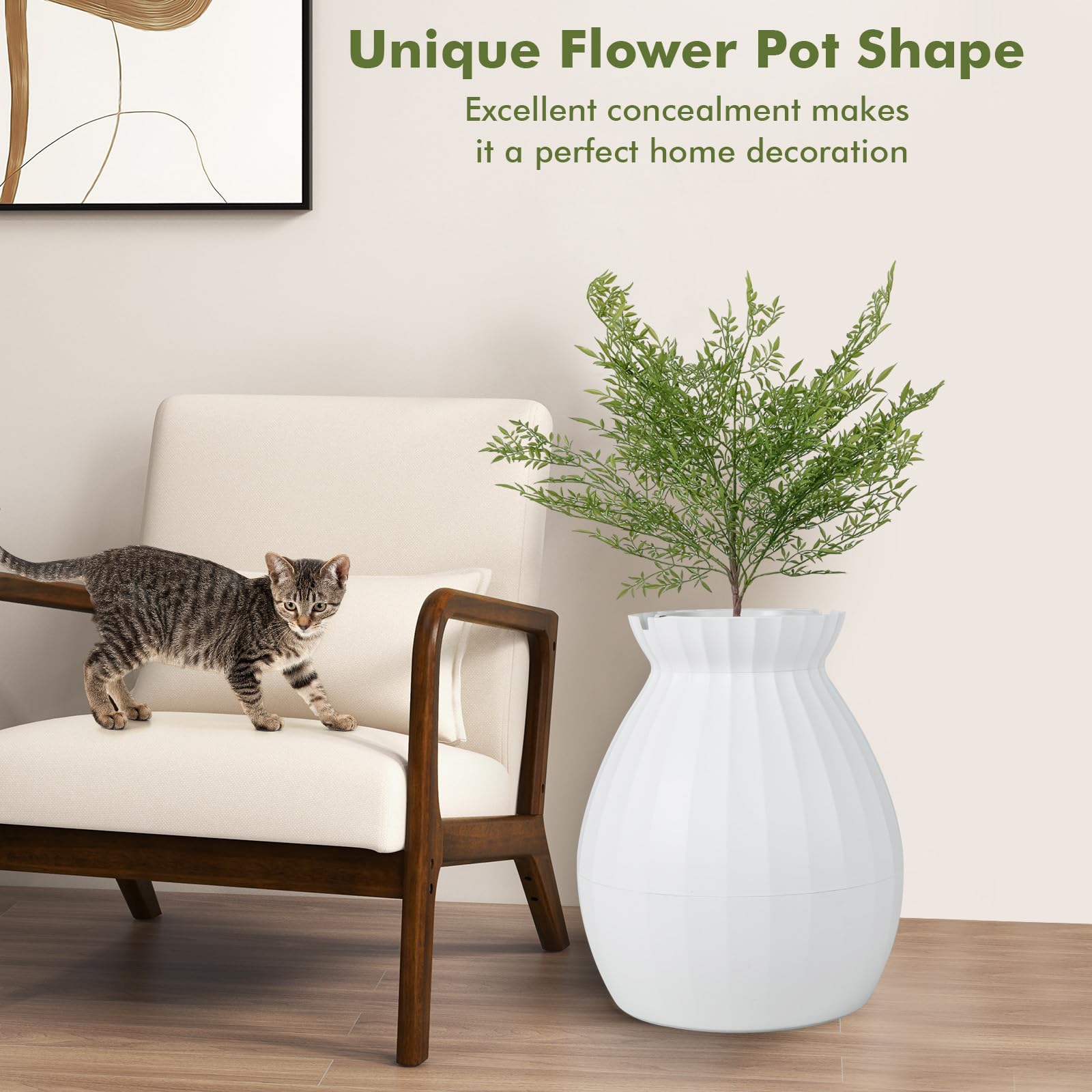 Petsite White Plant Litter Box, Cat Hidden Litter Box Enclosure With Artificial Plant, Advanced Odor Removal System, Detachable