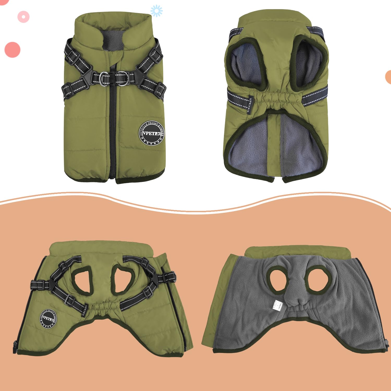 V.PET Warm Winter Dog Coat, Waterproof Fleece Jacket, X-Large, Green, Model WC01G0XL, Built-in Harness, Reflective, Cozy for Small Dogs