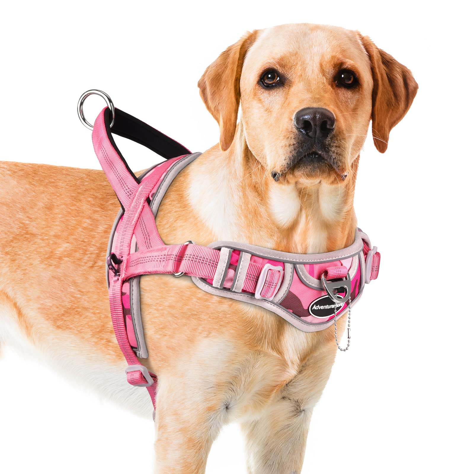 Adventuremore No Pull Dog Harness For Large Dogs, Adjustable Dog Halter Harness Reflective Dog Vest Escape Proof Dog Harness With Easy Control Front Clip Handle For Training Walking (Pink, M)