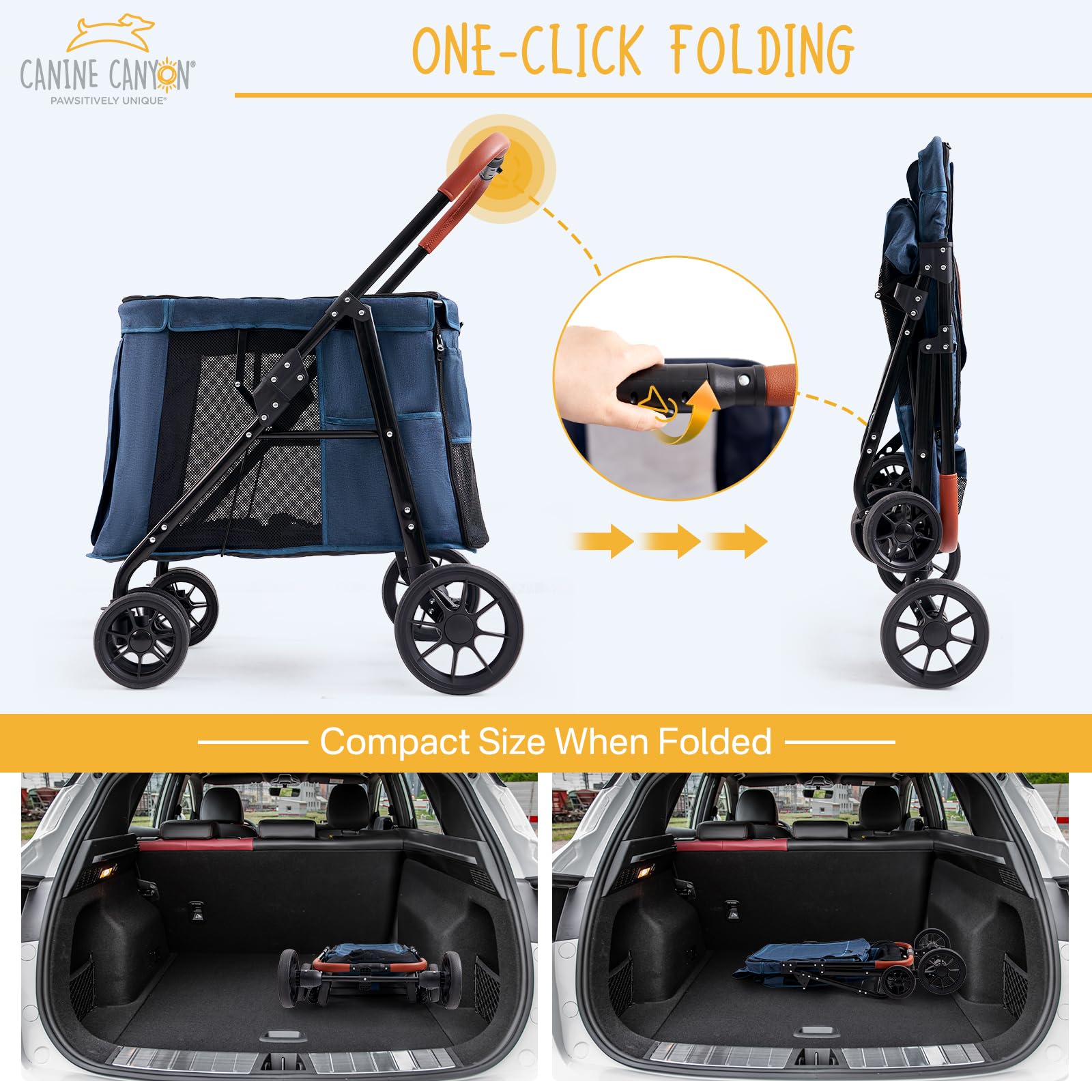 Canine Canyon Upgraded 4 Wheels Pet Stroller For Small/Medium Dogs- One Button Fold, Adjustable Mesh Windows And Shades, 360 Swi