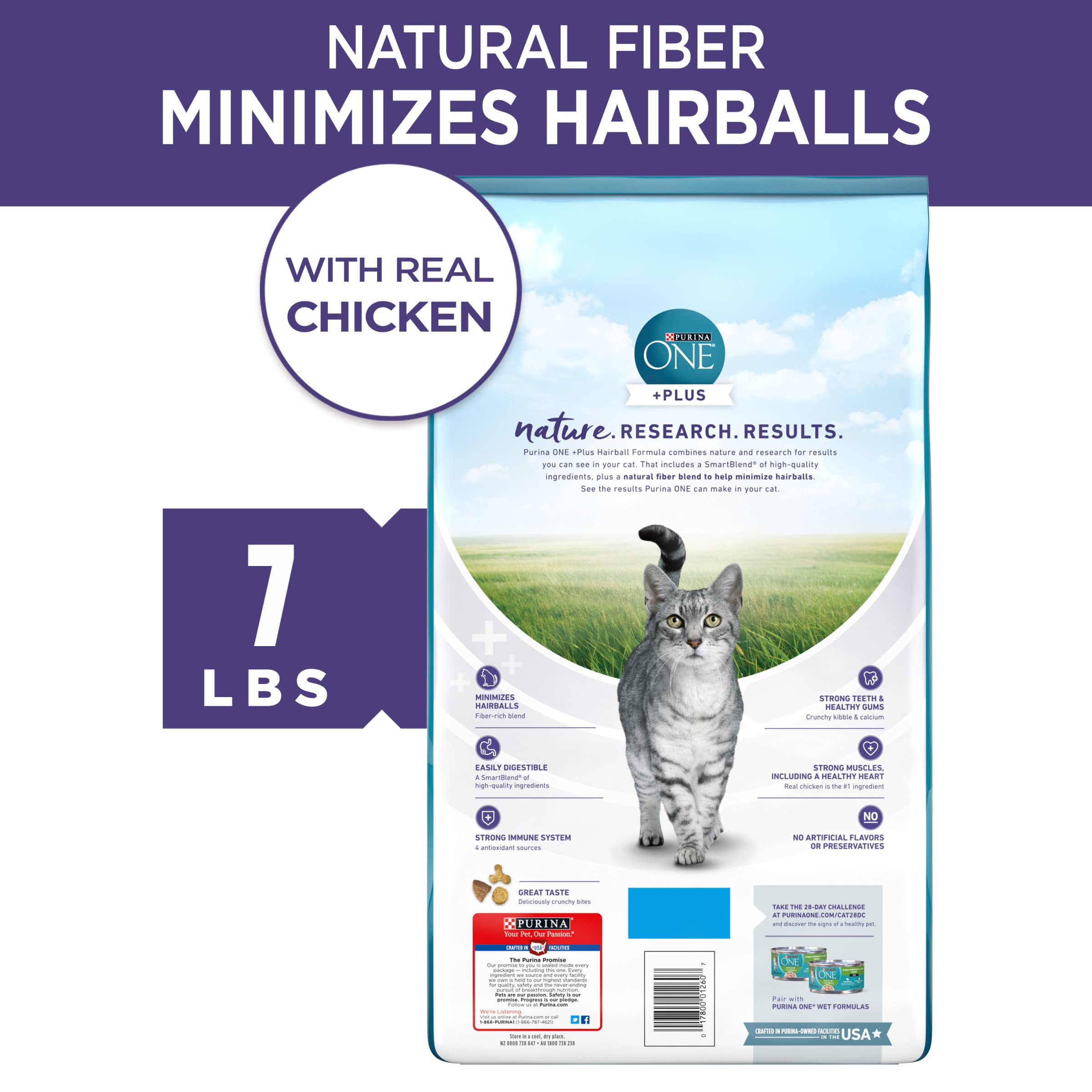 Purina ONE Natural Cat Food for Hairball Control, +PLUS Hairball Formula - 7 lb. Bag