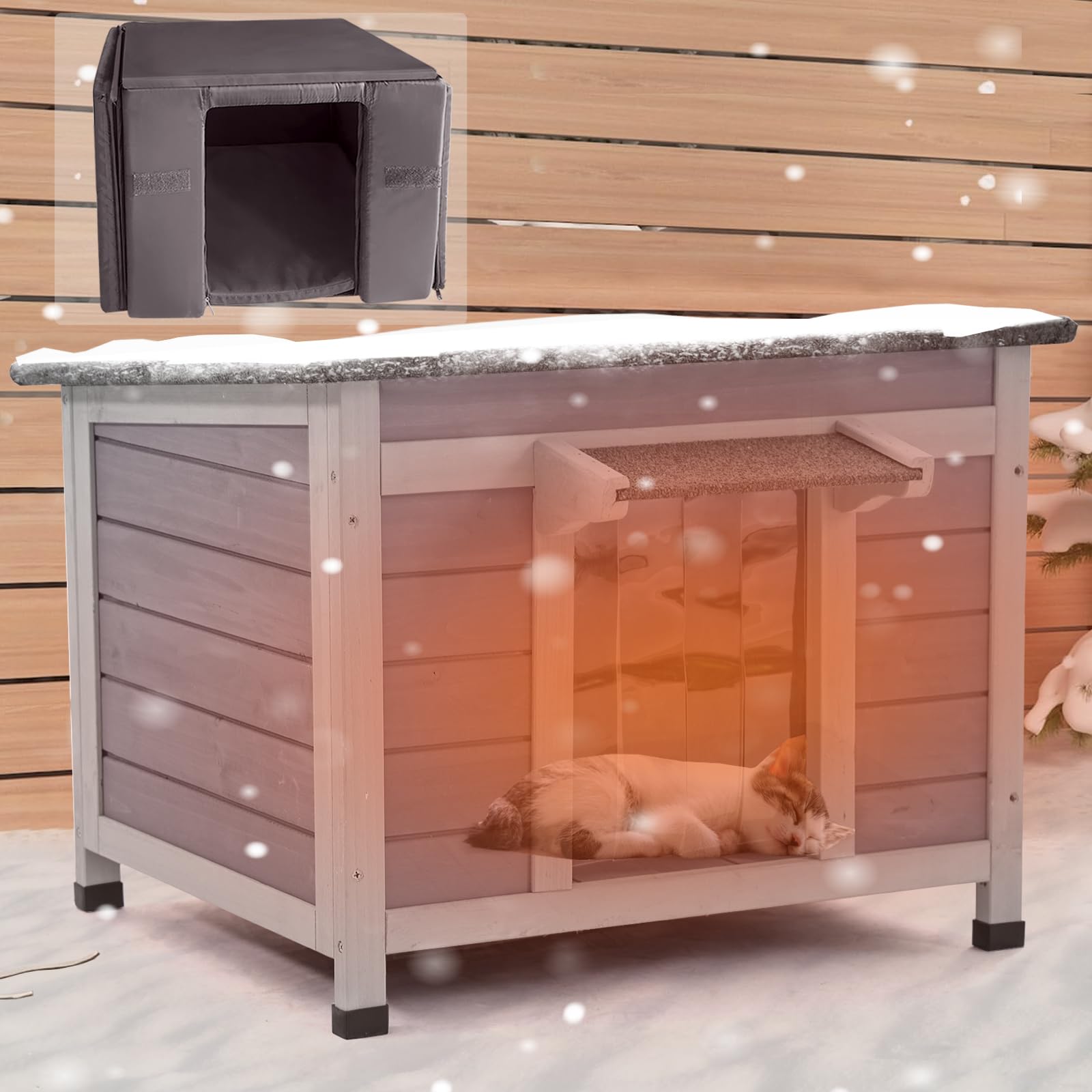 Outdoor Heated Cat House, Cat Shelter For Outside With Insulated Liner, Warming Cold Weather House For Winter