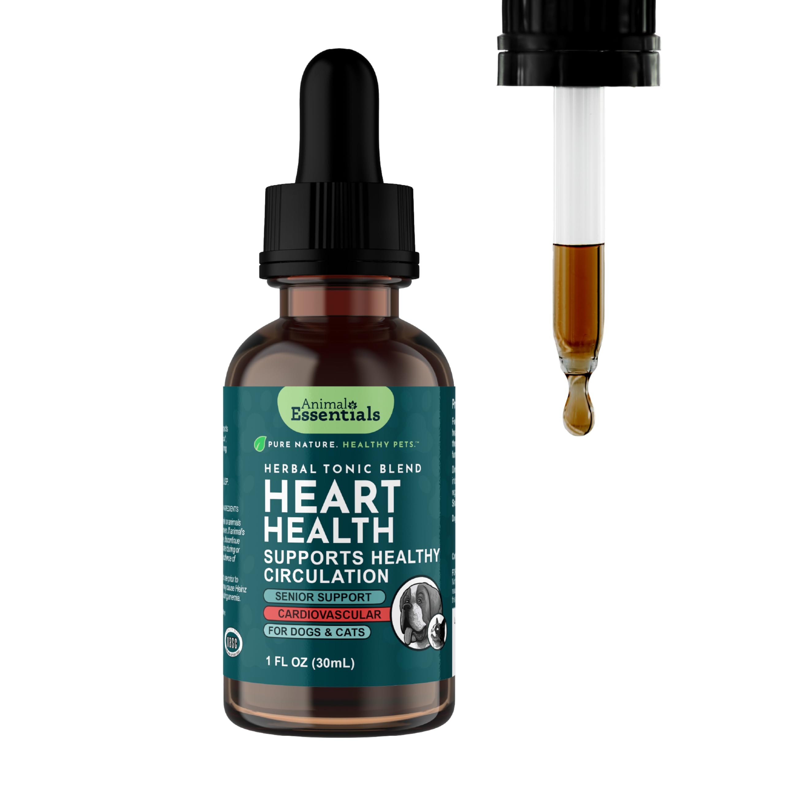 Animal Essentials Heart Health Cardiovascular Support for Dogs & Cats, 1 fl oz - Made in USA, Alcohol Free, Certified Organic He