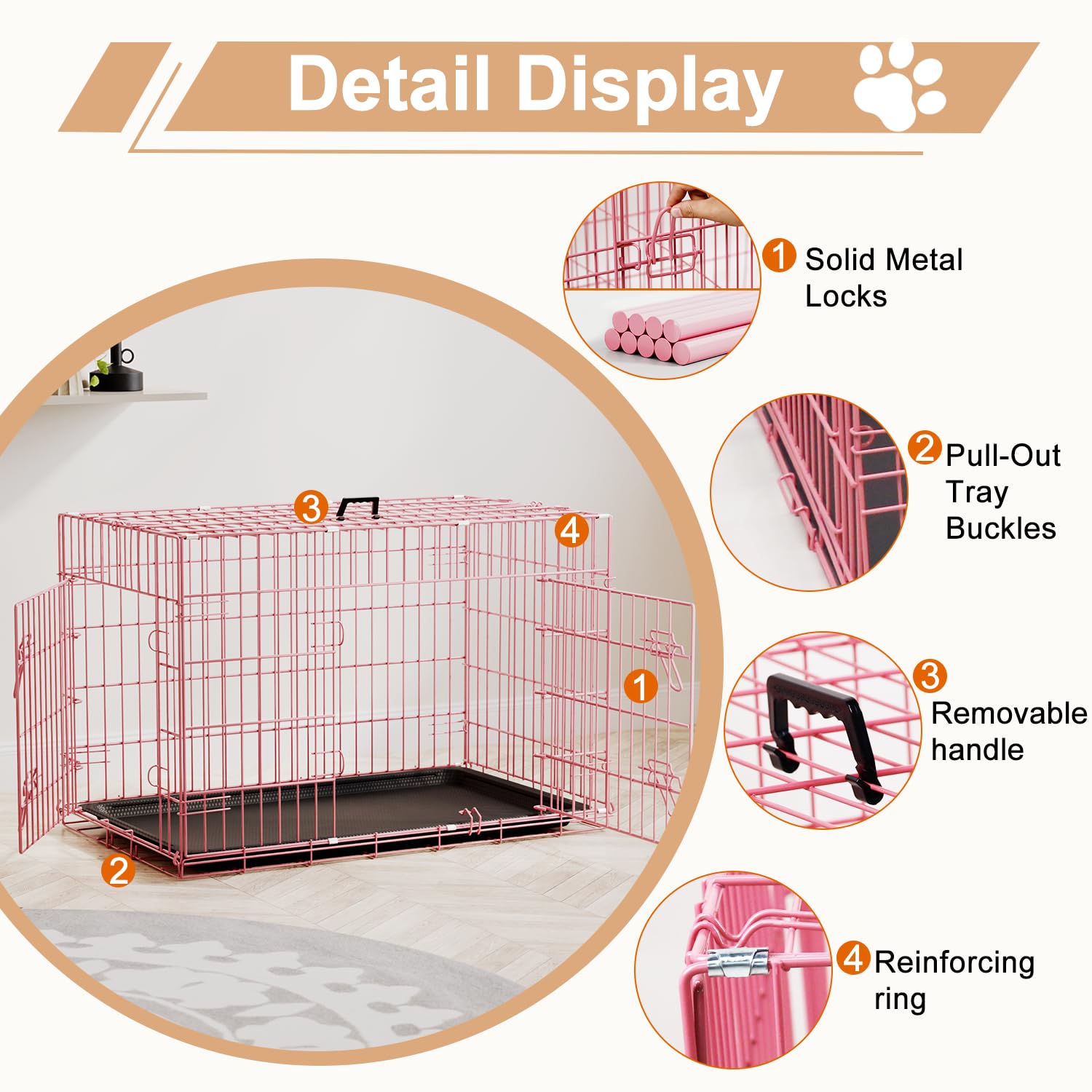 FDW Dog Crate 36inch Dog Cage Foldable Metal Kennel with Leakproof Tray Foldable Design Indoor Outdoor Use for Medium Dogs,Pink