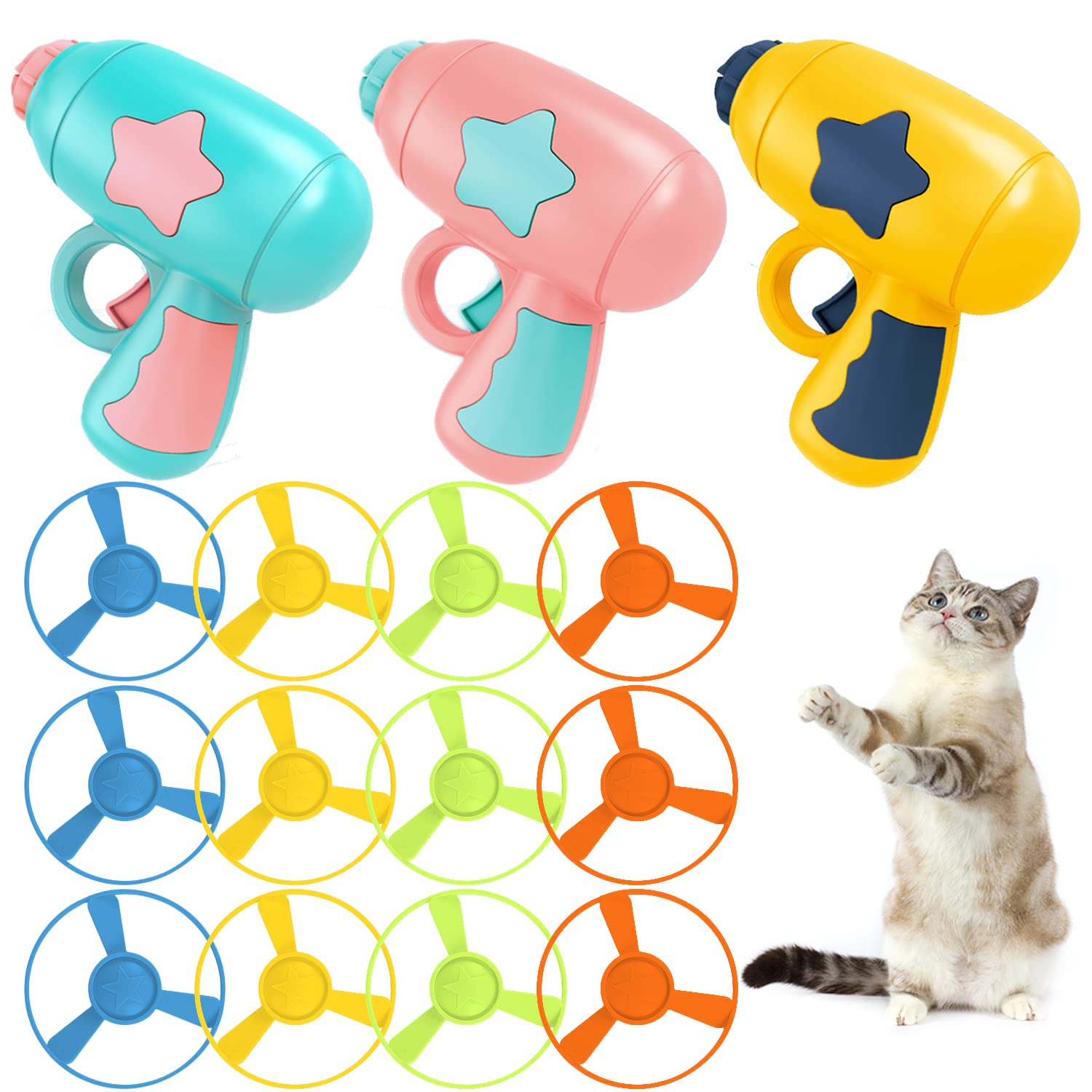 Iaxsee 15 Pieces Cat Fetch Toy With Colorful Flying Propellers Set, Cat Playing Tracking Interactive Toys For Kitten Chasing Tra