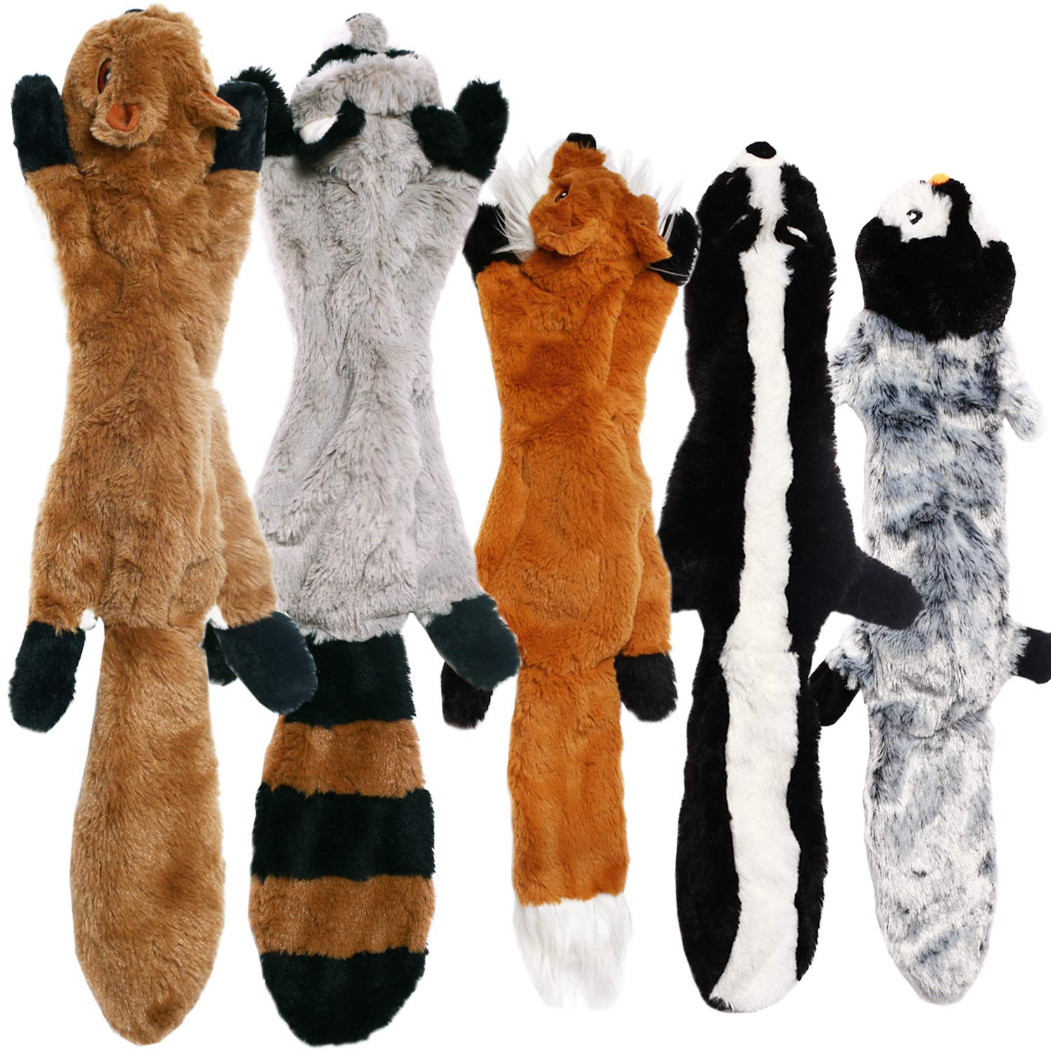 Cnmgbb No Stuffing Dog Toys With Squeakers, Durable Stuffingless Plush Squeaky Dog Chew Toy Set,Crinkle Dog Toy For Medium And Large Dogs, 5 Pack(Squirrel Raccoon Fox Skunk And Penguin), 24Inch