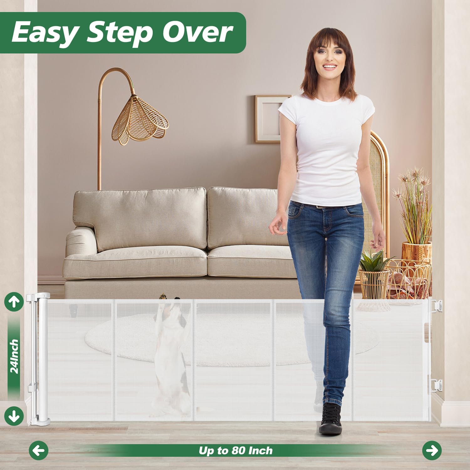 24'' Tall X 80'' Wide Retractable Baby Gates, Short Dog Gates to Step Over, Reinforced Mesh Pet Gate with Support Rods, Small Pu