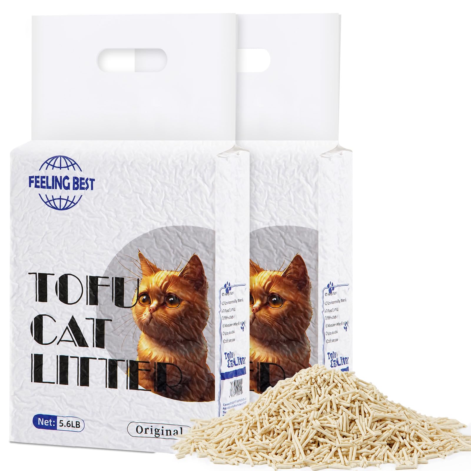Tofu Cat Litter 11.2LB(5.6lb2bag) Clumping, 100% Natural Raw Materials, Clumping,Flushable,Ultra Absorbent and Fast Drying,Solub