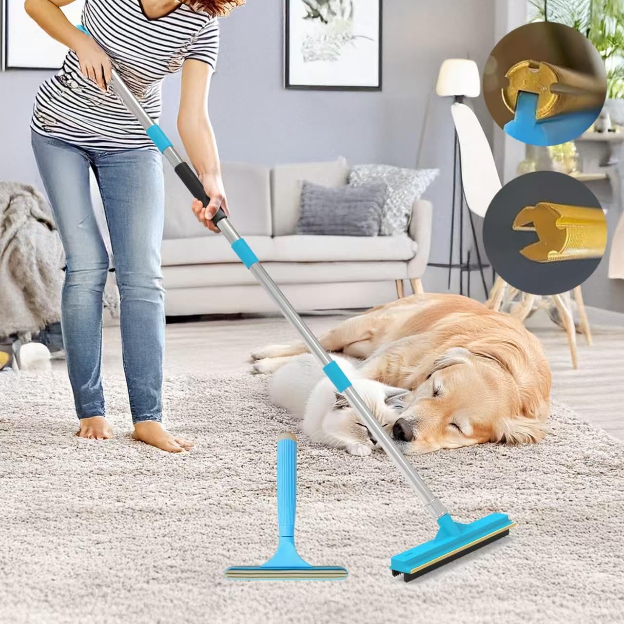 Yuloosi Carpet Rake For Pet Hair Removal, Updated Reusable Pet Hair Remover With 56    Adjustable Long Handle, 2 In 1 Rubber Bro