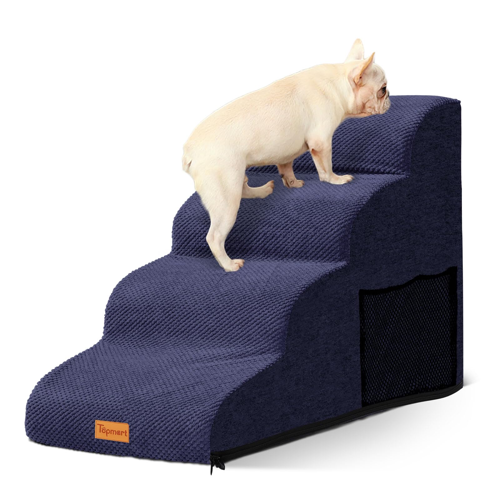 Dog Stairs For Small Dogs,4-Step,Foam Dog Steps&Ramps For Couch/High Beds With Waterproof &Removable Cover, Non-Slip, Blue