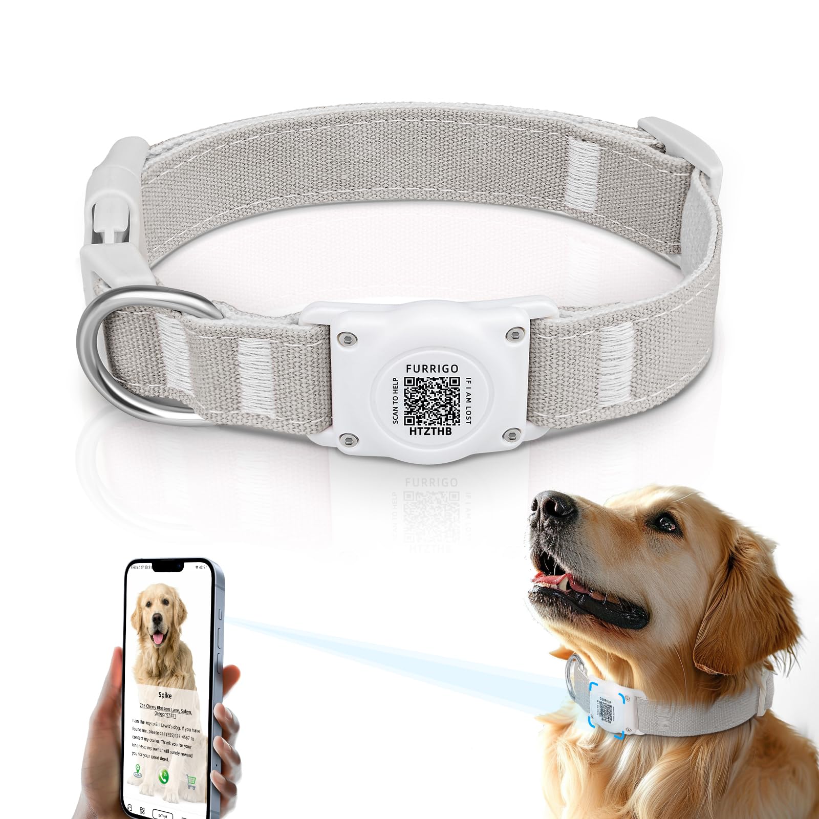 Airtag Dog Collar QR Code - IP68 Waterproof Integrated Air Tag Dog Collar Holder ID Tag - Free Pet Online Profile - Durable Natu