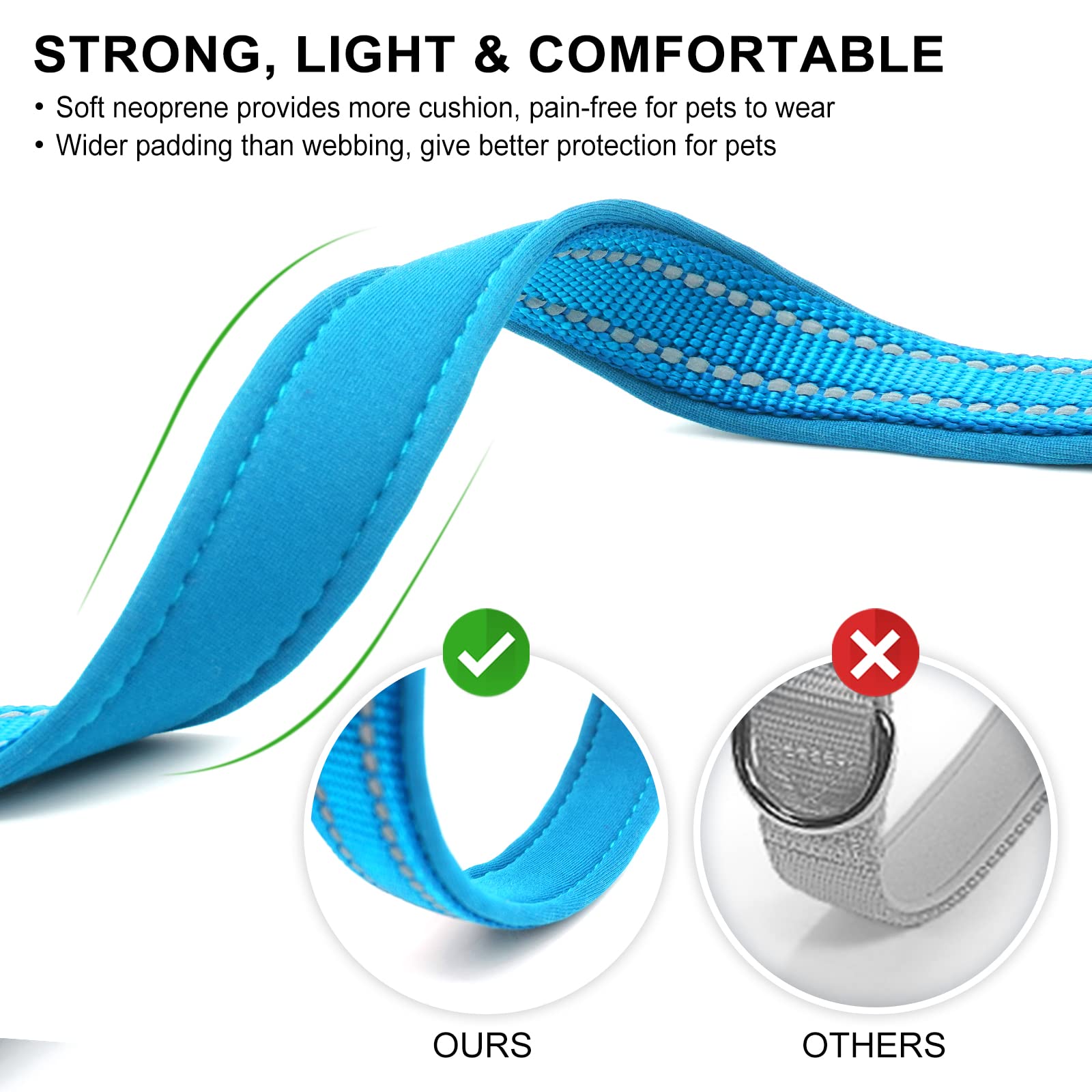 Azuza Reflective Dog Collar,Soft Neoprene Padded Pet Collar With Id Tag Ring,Adjustable For Large Dogs,Sky Blue,L