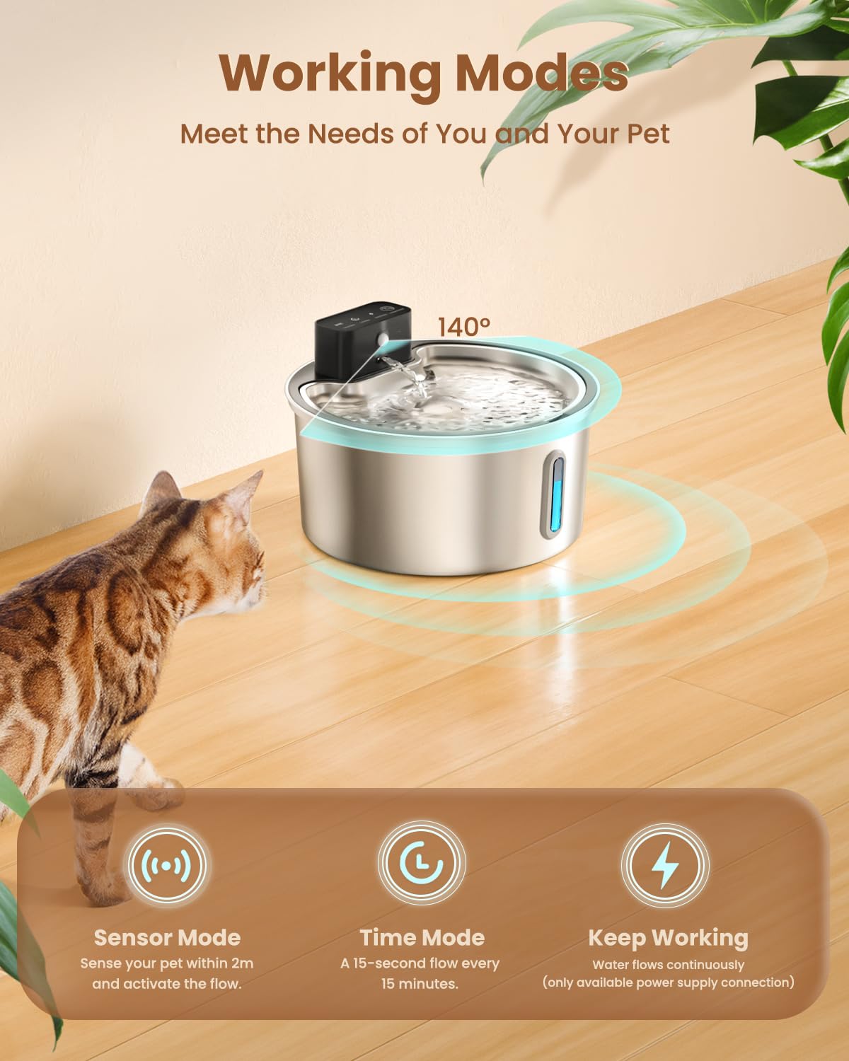 Pawpoll Wireless Cat Water Fountain Stainless Steel - 3.2L/108Oz Cordless Pet Water Fountain Battery Operated Cats Water Dispens