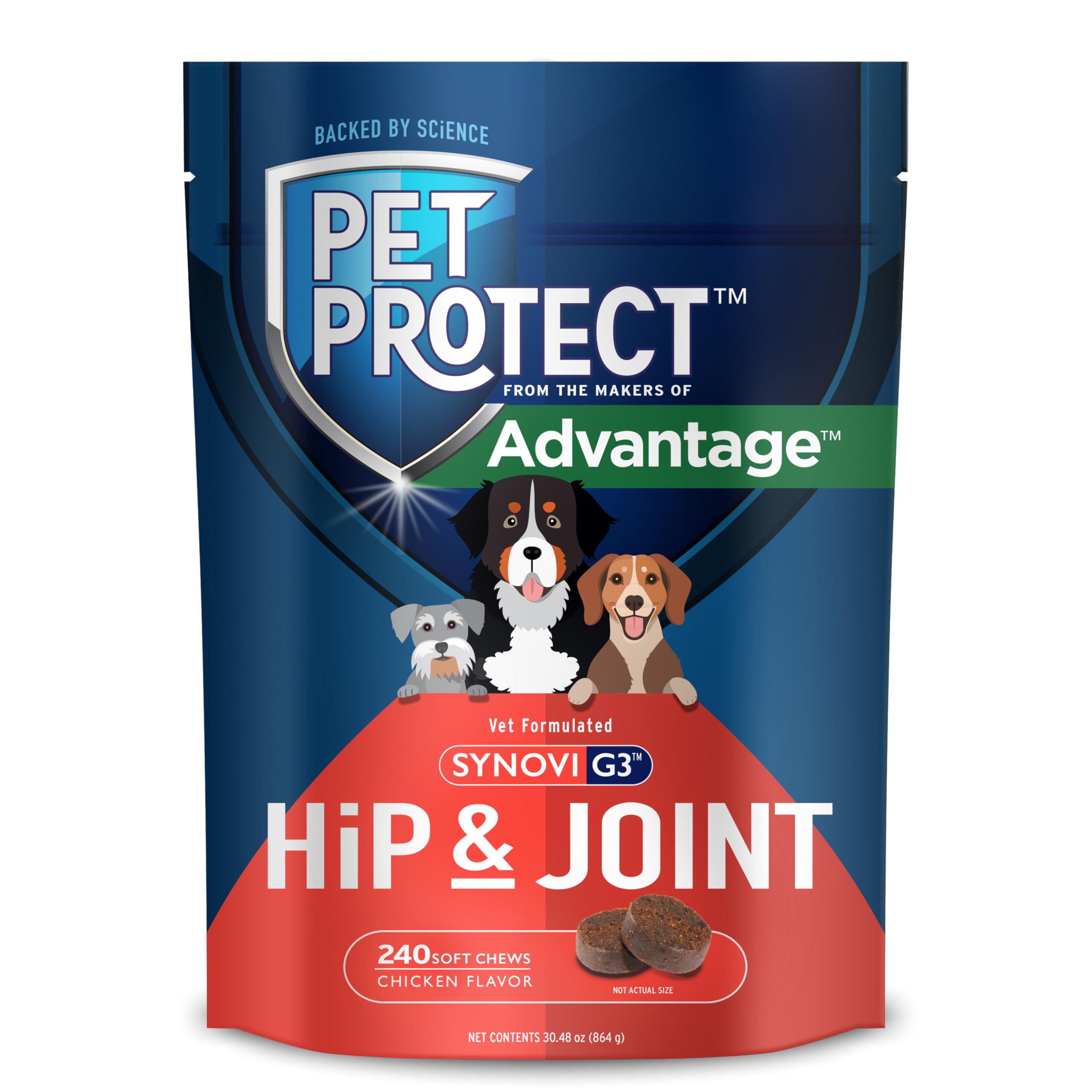 Pet Protect Dog Hip & Joint Supplement for Occasional Joint Stiffness, Vet-Formulated Synovi G3, Dog Glucosamine, Chicken-Flavor