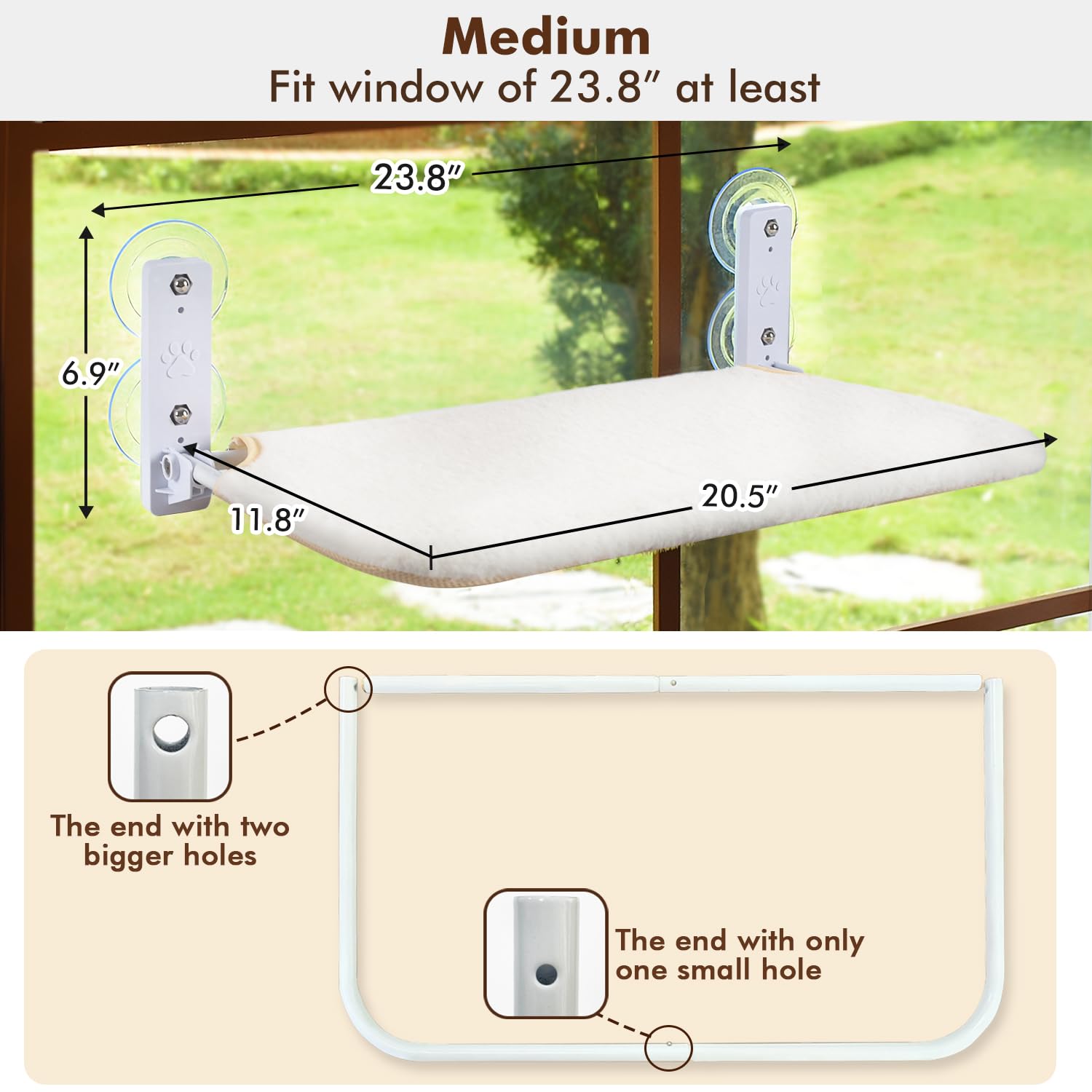 Amosijoy Cordless Cat Window Perch, Cat Hammock For Wall With 4 Strong Suction Cups, Solid Metal Frame And Two Replaceable Covers, Foldable Cat Beds For Indoor Cats (Medium-White)
