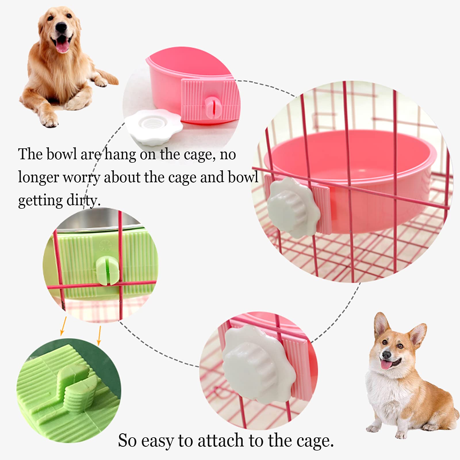 kathson Crate Dog Bowl, Removable Stainless Steel Hanging Pet Cage Bowl Food & Water Feeder Coop Cup for Cat, Puppy, Birds, Rats