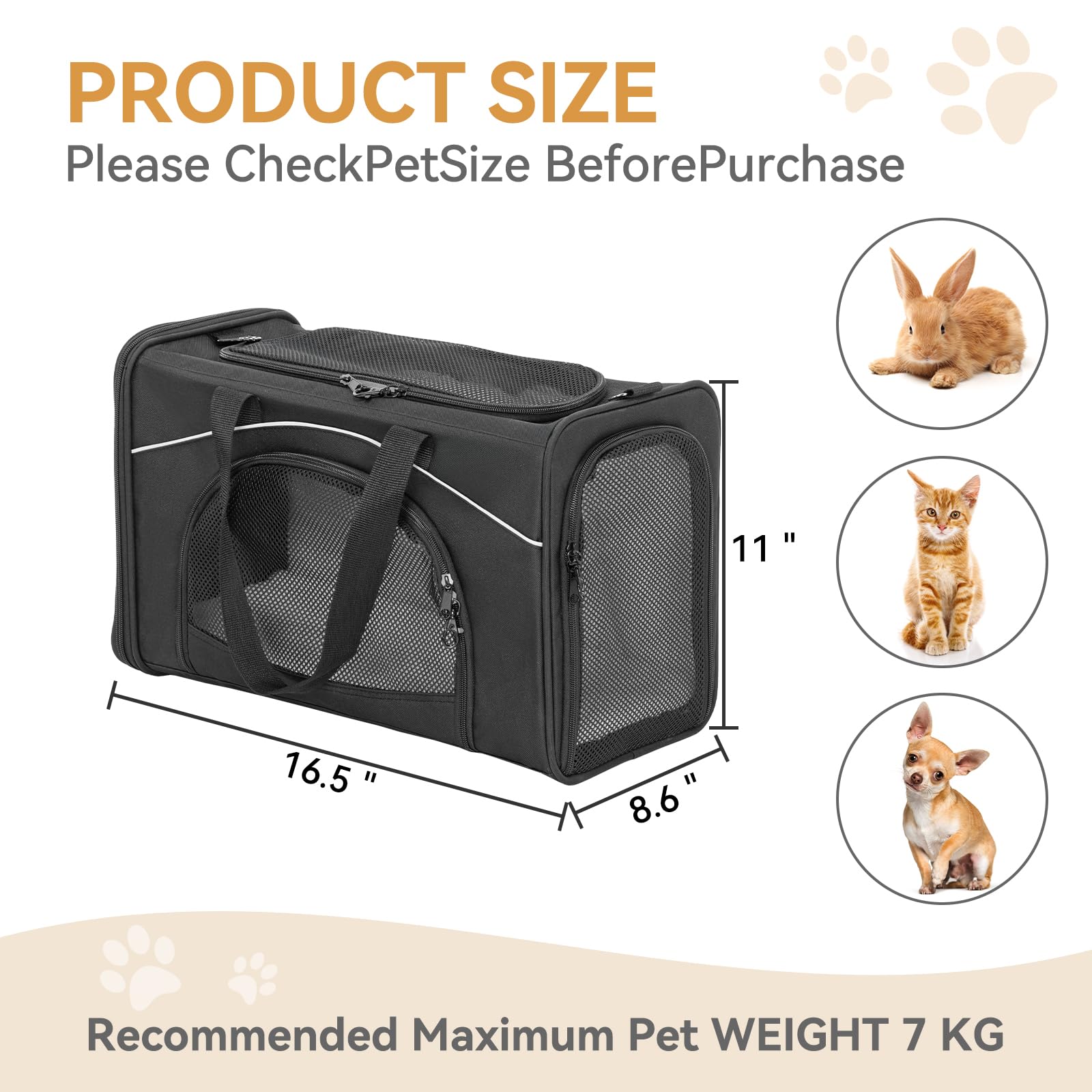 Petsfit Airline Approved Pet Carrier for Small Cats, 16.5x8.6x11, Escape Proof, Black with Lockable Zippers, TSA Compliant