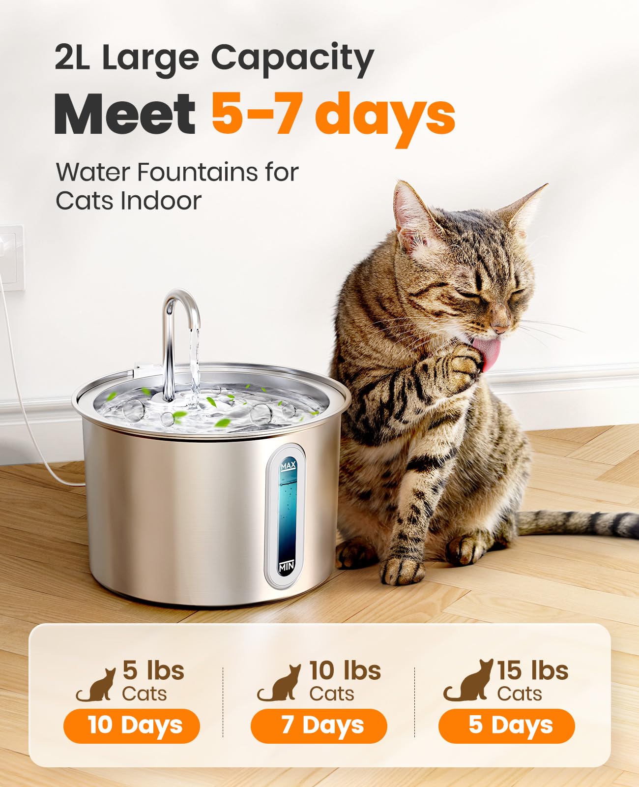 Oneisall Stainless Steel Cat Water Fountain, 2L Water Fountains For Cats Indoor With Quiet Pump And 3 Replacement Filters, Pet W