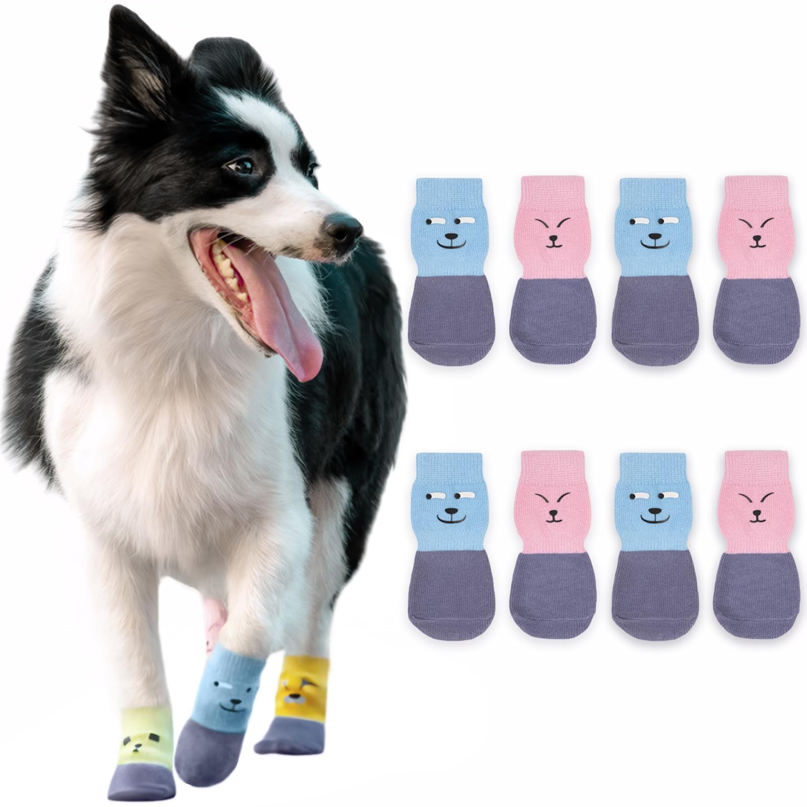 Paipeper 4 Pairs Anti-Slip Dog Socks,Prevent Licking, Paw Protector,Traction Control Indoor For Small Medium Dogs(Pink+Blue-Xxs)