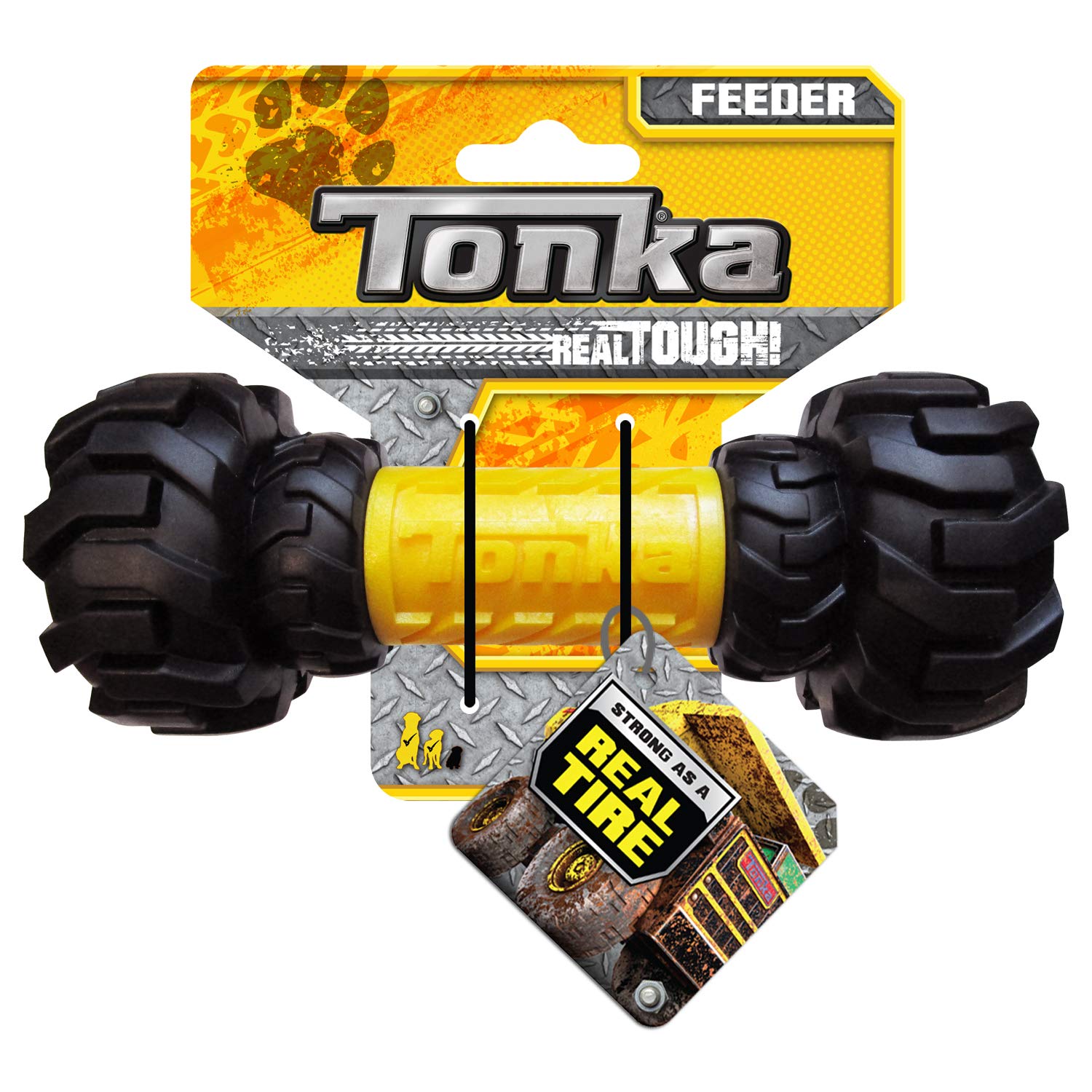 Tonka Three Dog Toy Gift Set - 3In Mega Ball, 7In Axle Tread With Insert Feeder, And 10.5In Rubber Flex Tread 3-Ring Tug - Yello