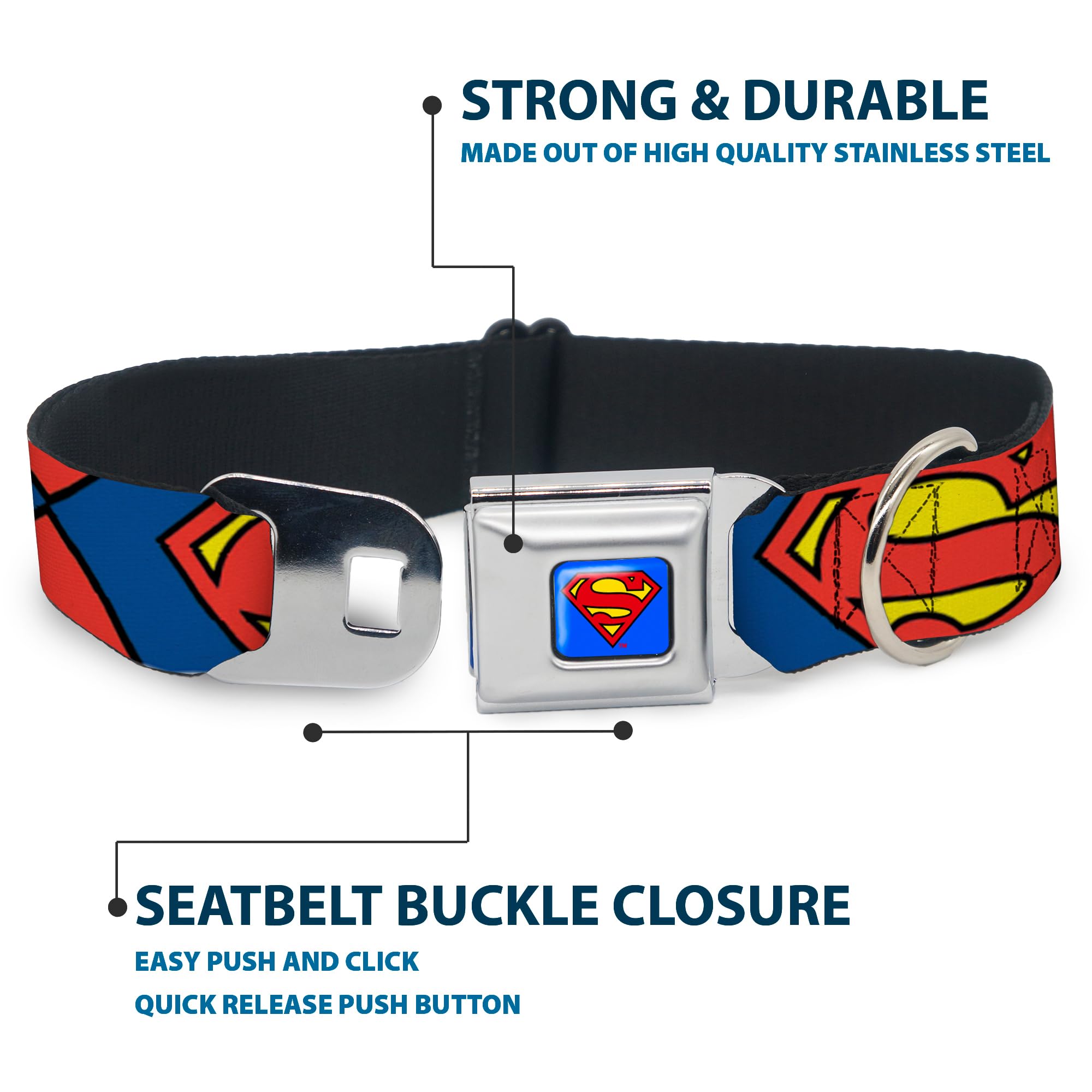 Buckle-Down Dog Collar Seatbelt Buckle Superman Shield Close Up Blue Red Yellow 9 To 15 Inches 1.0 Inch Wide, Multicolor