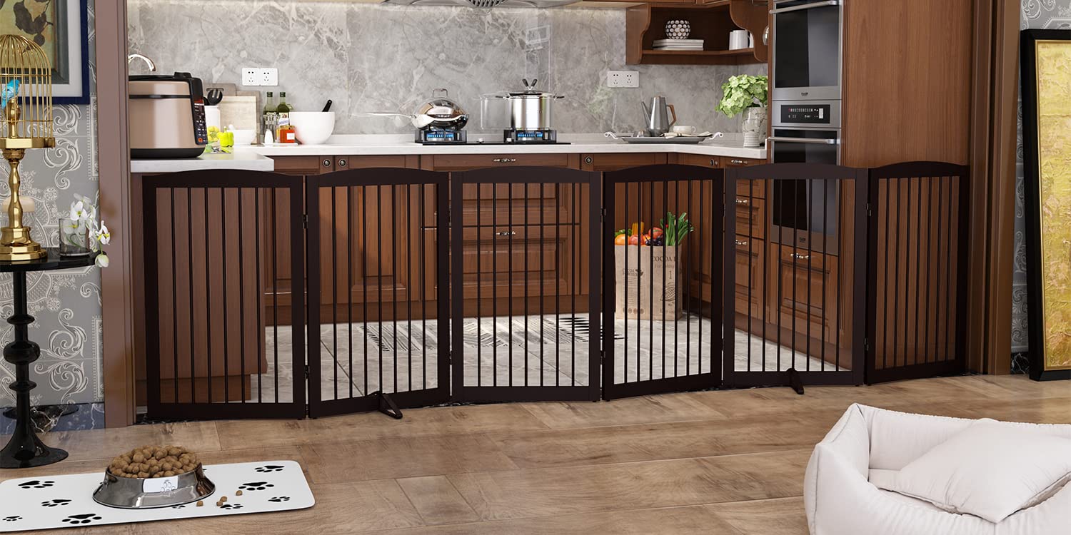 Pupetpo Freestanding Pet Gate For Dogs, Indoor Wooden Dog Gate For House, Extra Wide Dog Gate, Foldable Dog Gate For Stairs, Doorways, Halls, Support Feet Included, 120 Inch Wide, 6 Panels 32', Brown