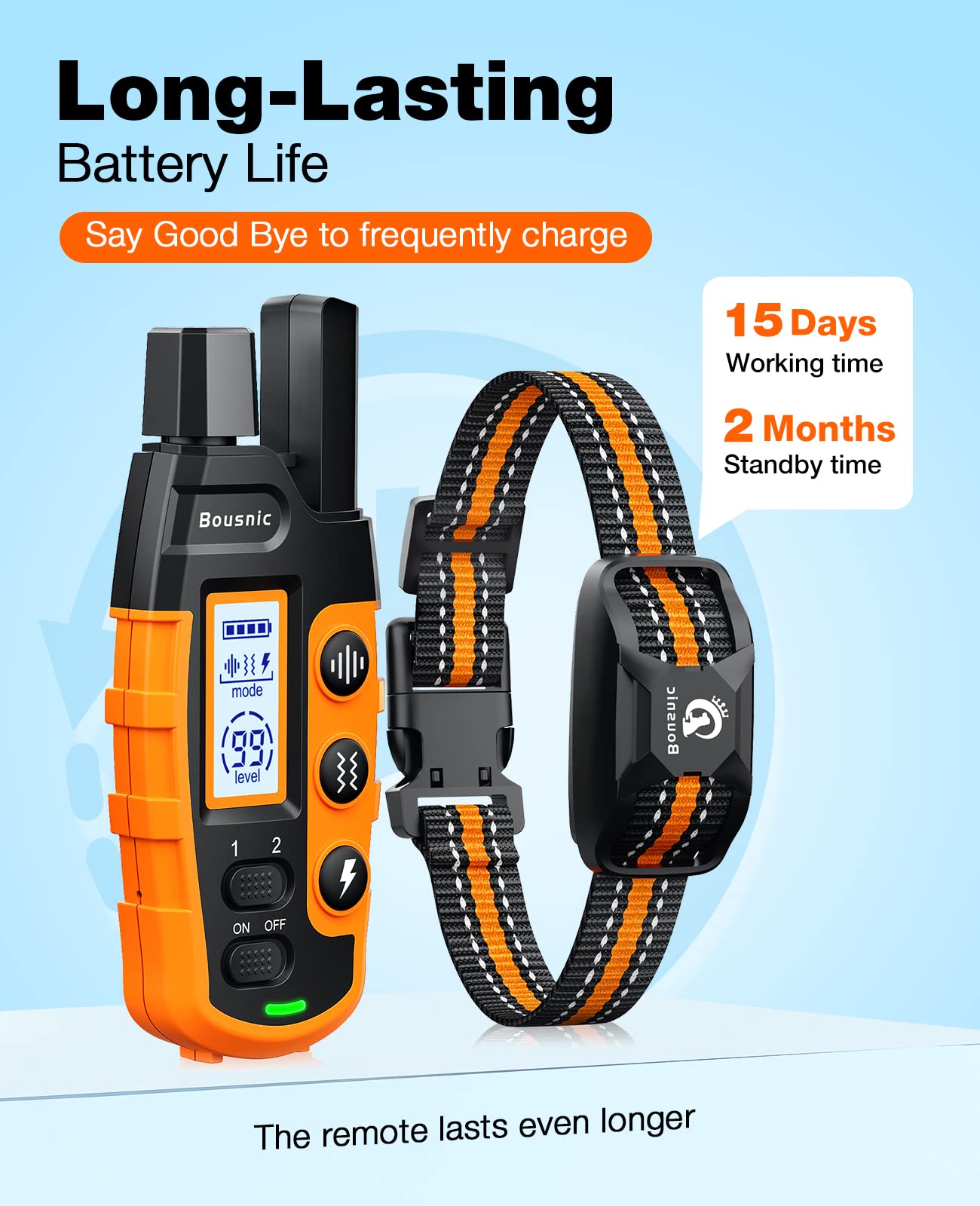Bousnic Dog Shock Collar - 3300Ft Dog Training Collar With Remote For 5-120Lbs Small Medium Large Dogs Rechargeable Waterproof E Collar With Beep (1-8), Vibration(1-16), Safe Shock(1-99) (Orange)