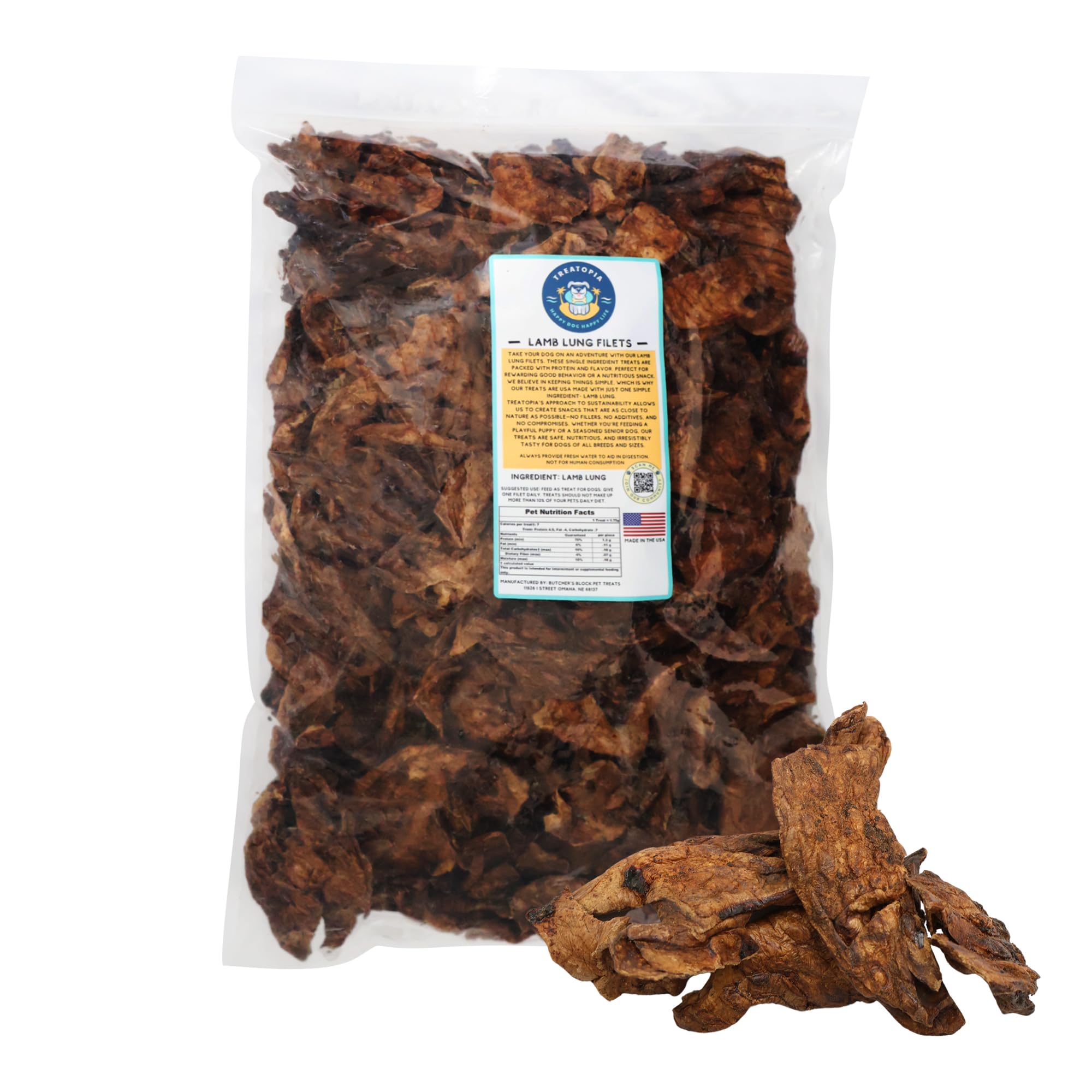 TREATOPIA Lamb Lung Filet Dog Treats, 4 LB Bag - All-Natural, Sustainable, Healthy, High Protein, Hand-Trimmed, Slow-Roasted, Ma