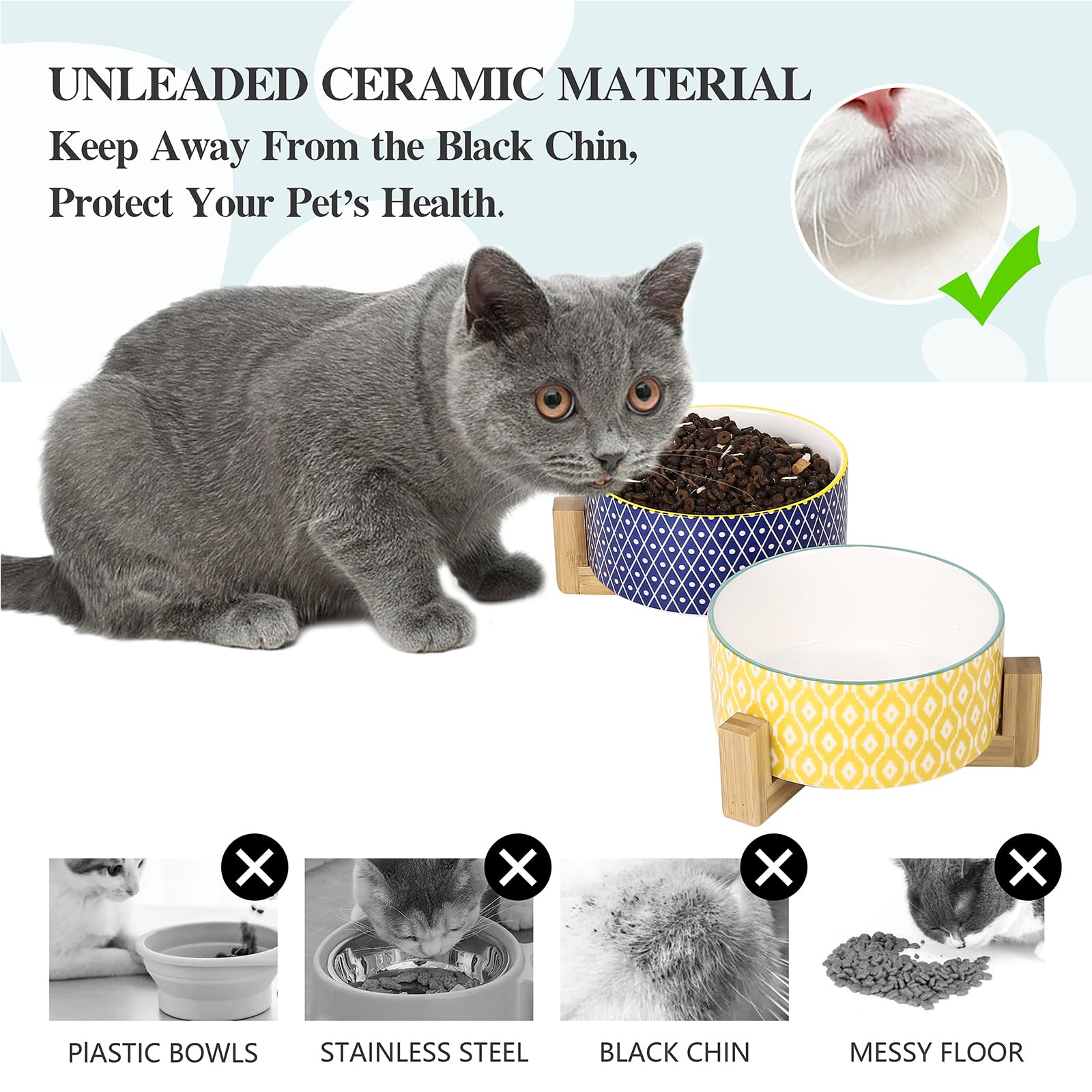 Selamica Ceramic 30 Oz Dog Bowls With Wooden Stand, Anti-Slip Dishes Set For Cats And Small Dogs, Weighted Bowls In Assorted Col