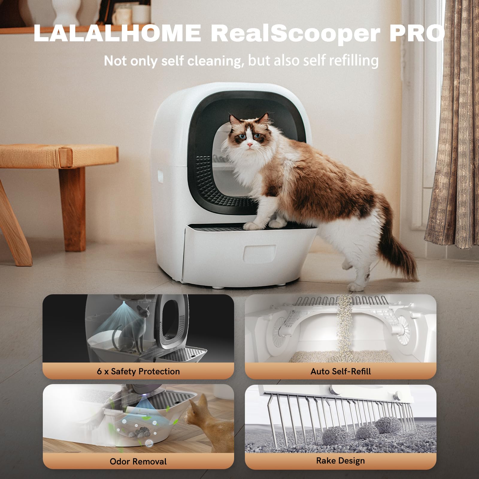 Lalahome Realscooper Pro Automatic Litter Refill Self-Cleaning Cat Litter Box Ai Self-Refilling Robot With Auto Scoop, 5G Wifi P