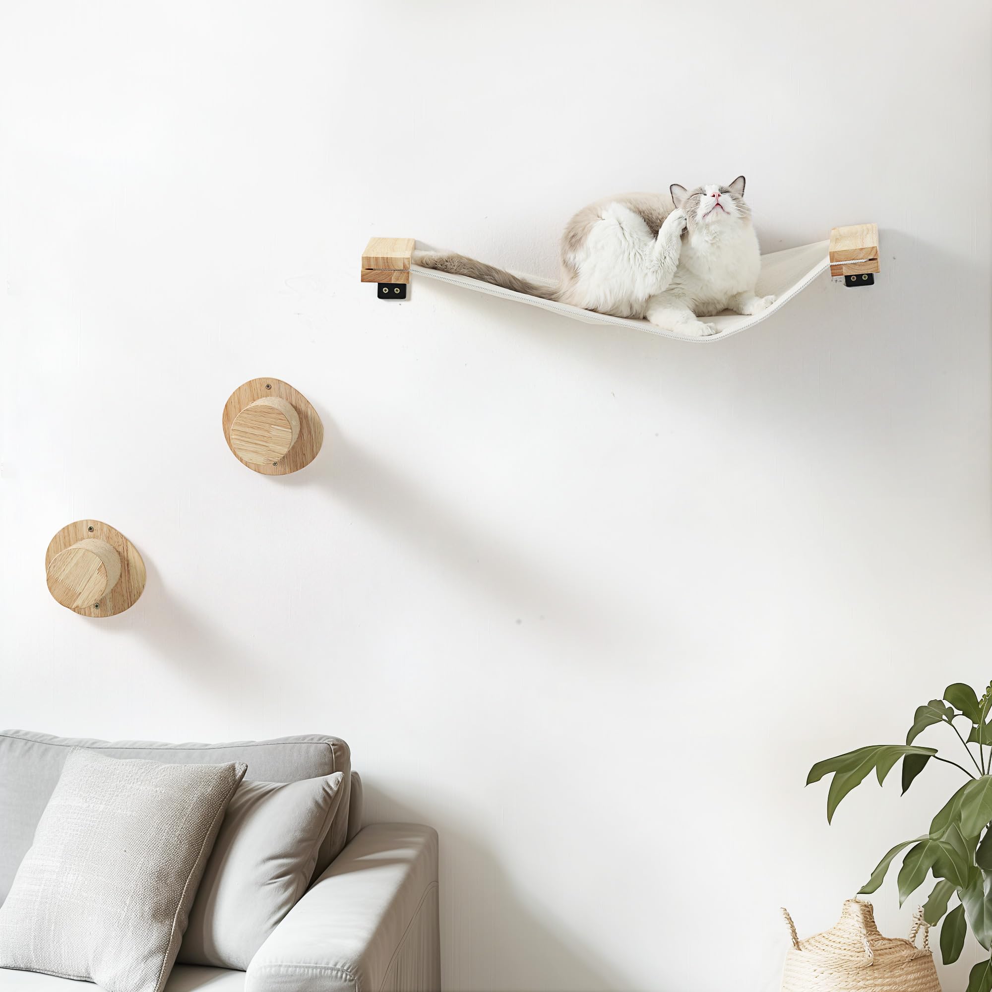 Fukumaru Cat Wall Furniture, 2 Pcs Climbing Shelves Set, Solid Rubber Wood Cat Shelf, Cats Perches For Wall Sleeping, Playing, J