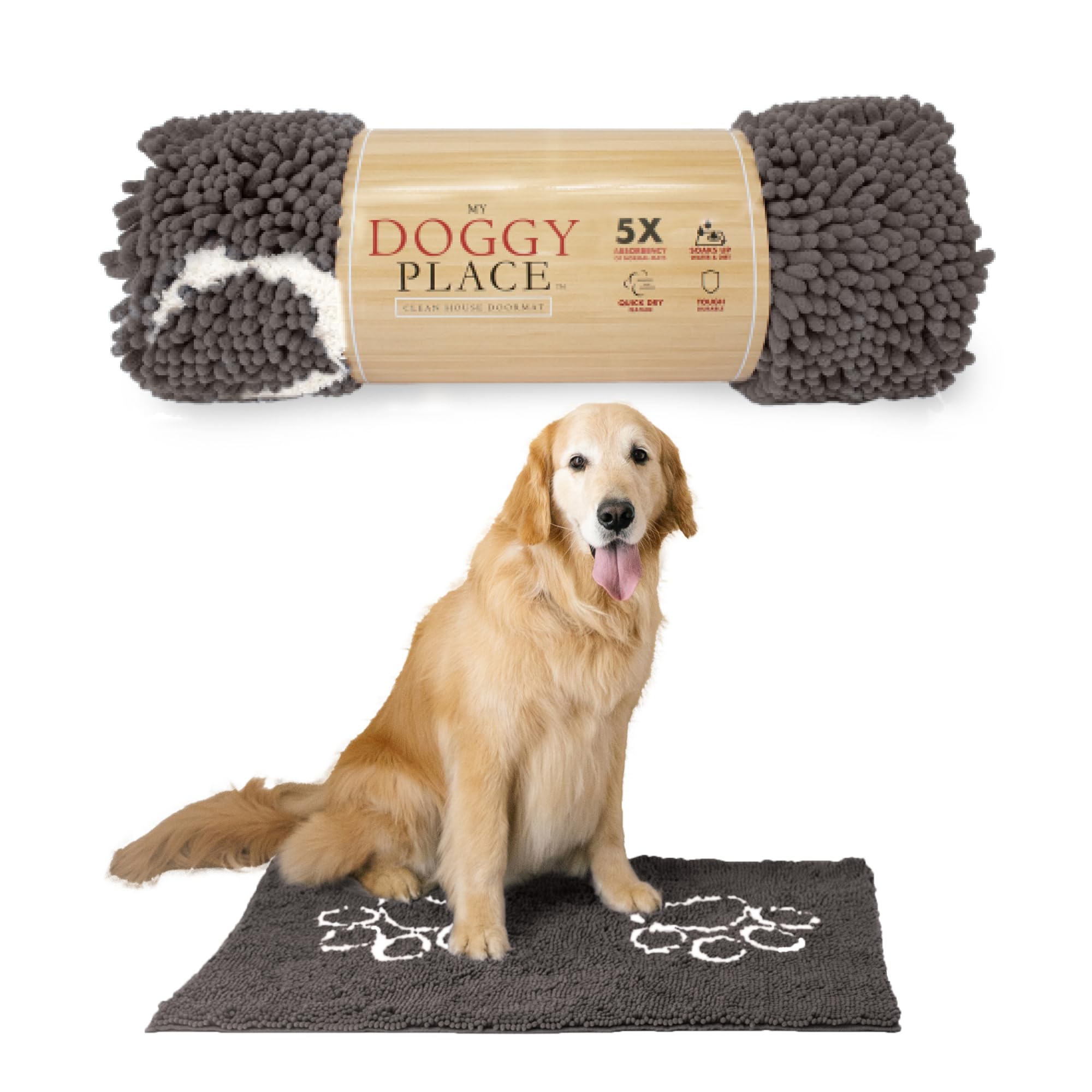 My Doggy Place Microfiber Dog Mat for Muddy Paws, 36 x 26 Ash With Paw Print - Absorbent Quick-Drying Paw Cleaning, Washer and D