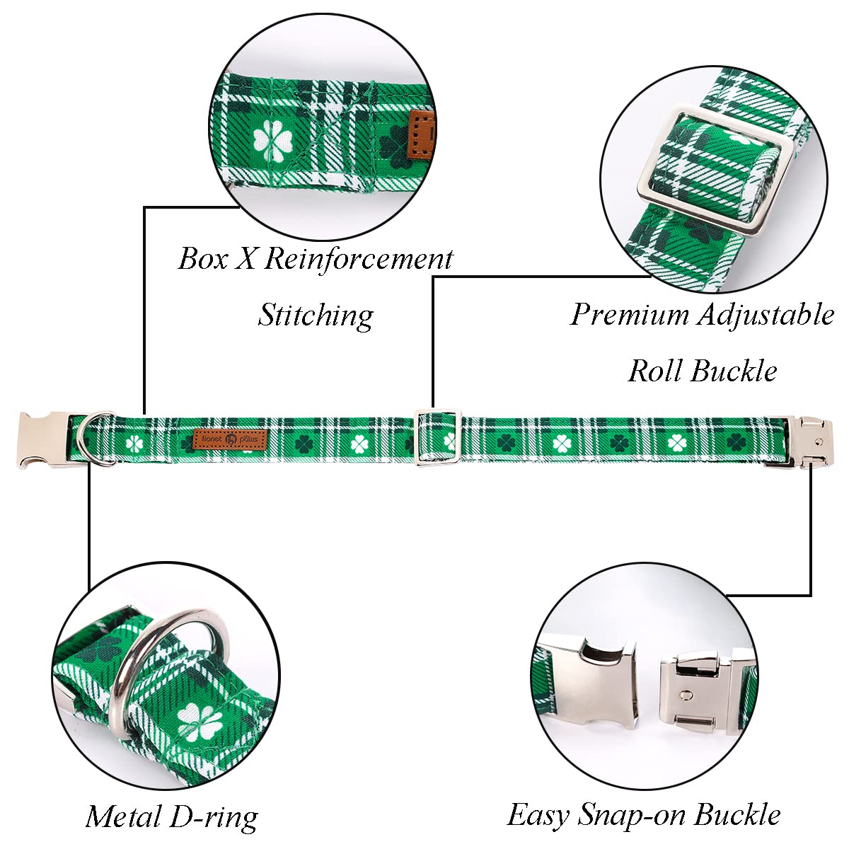 Lionet Paws St Patricks Day Dog Collar With Flower, Irish Green Shamrock Clover Flower Collar With Metal Buckle For Dogs And Cat