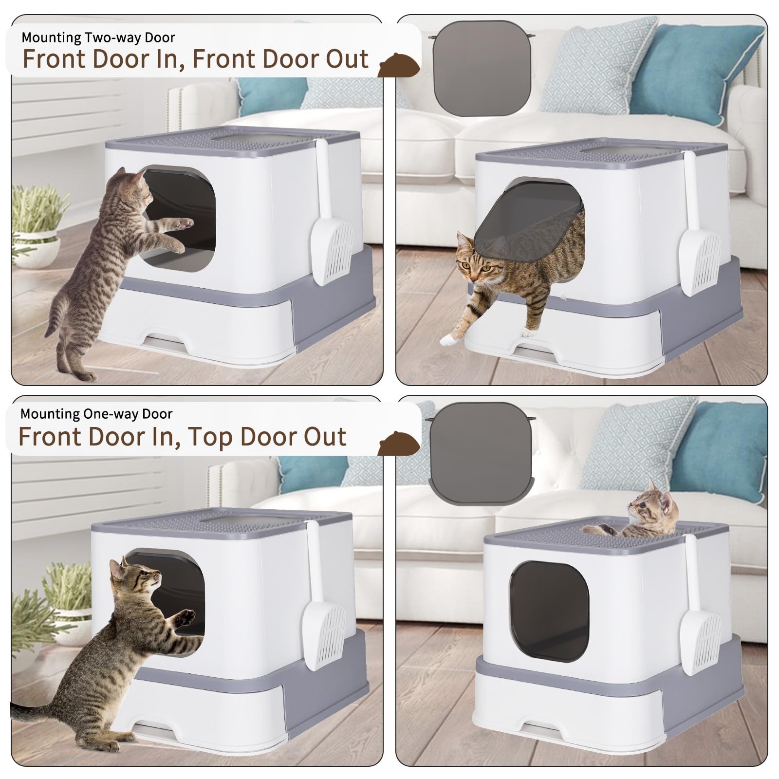 RIZZARI Cat Litter Box, Foldable Cat Box with Drawer, Large Capacity Litter Box with Lid, Top Opening Litter Pan for Small to Bi