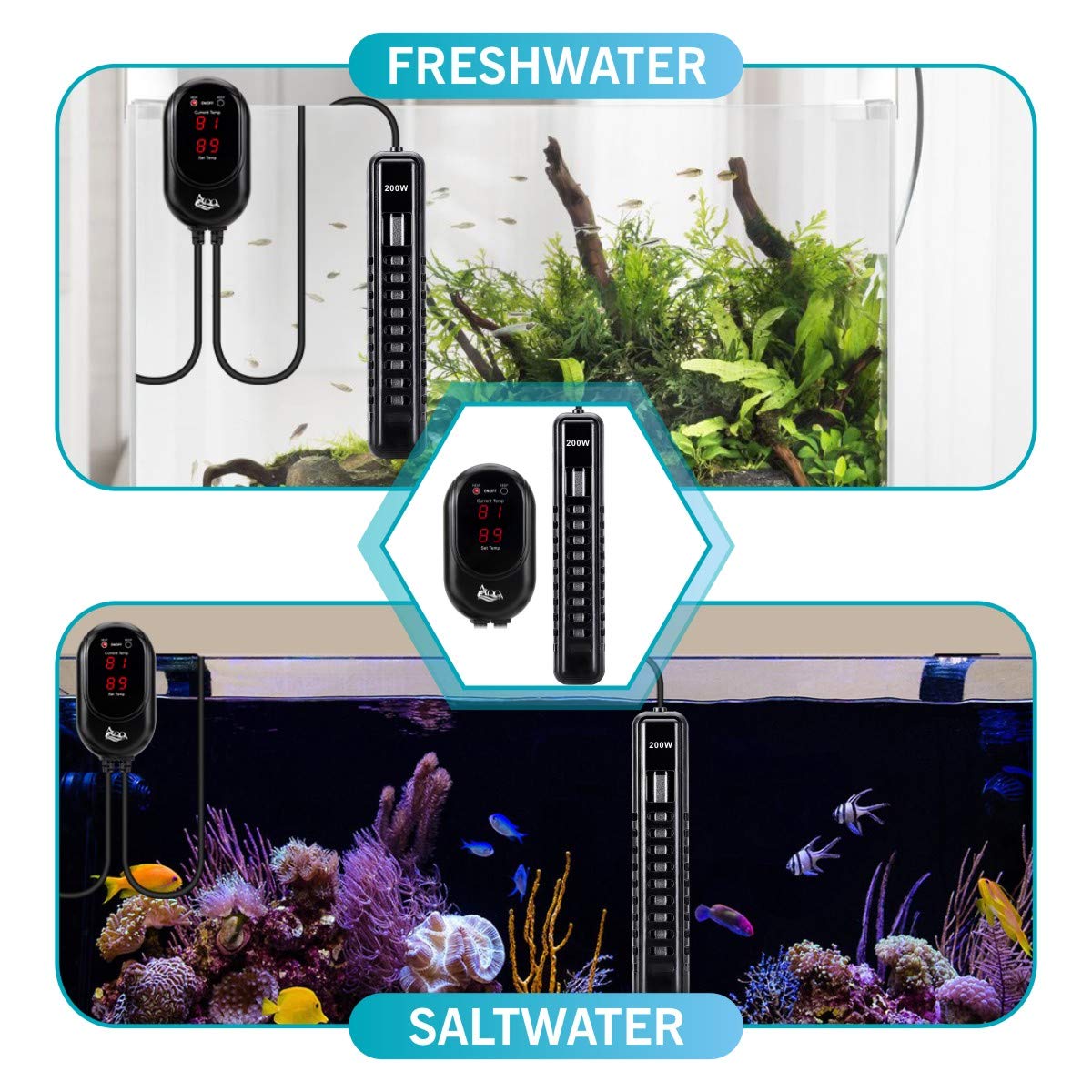 Aqqa Aquarium Heater 200W For 45-80 Gallon Submersible Fish Tank Heater For Aquarium Betta Fish Heater Aquarium Thermostat Heater Freshwater And Saltwater (200W For 45-80 Gal)