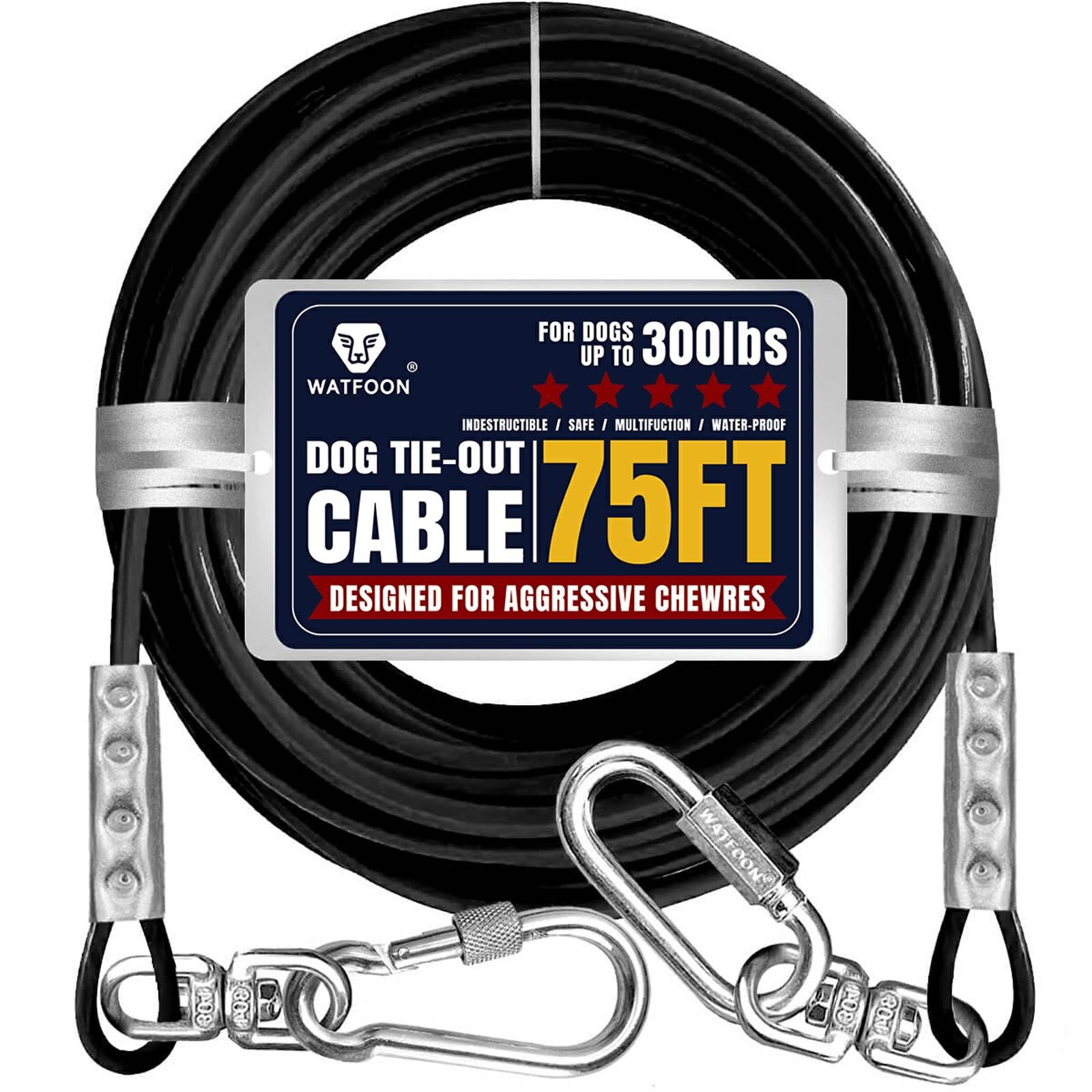75Ft Dog Tie Out Cable, 65/85/100Ft Dog Leads For Small To Large Pets Up To 300 Pounds, 5Mm Heavy Duty 1000Lbs Break Strength Galvanized Braided Steel Dog Outdoor Leash Cable