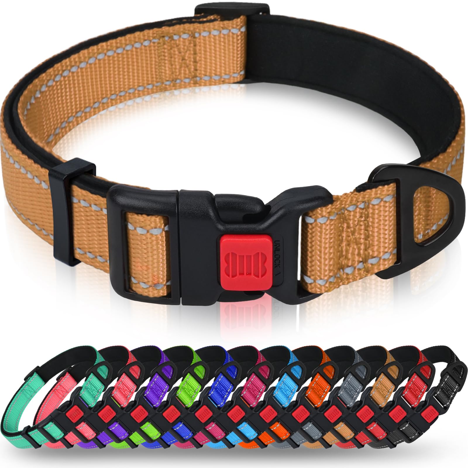 Taglory Reflective Dog Collar With Safety Locking Buckle, Adjustable Nylon Pet Collars For Large Dogs Female Male, Tan, L
