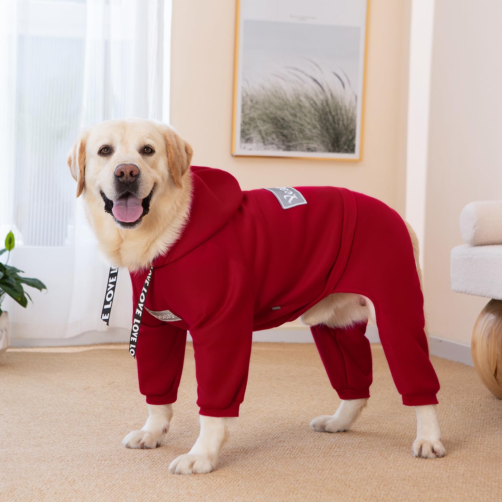 Winter Hooded Sweatshirt For Large Medium Dogs - Pullover 4 Legs Warm Coat, Fleece Hoodie For Cold Weather (Red, 2X-Large)