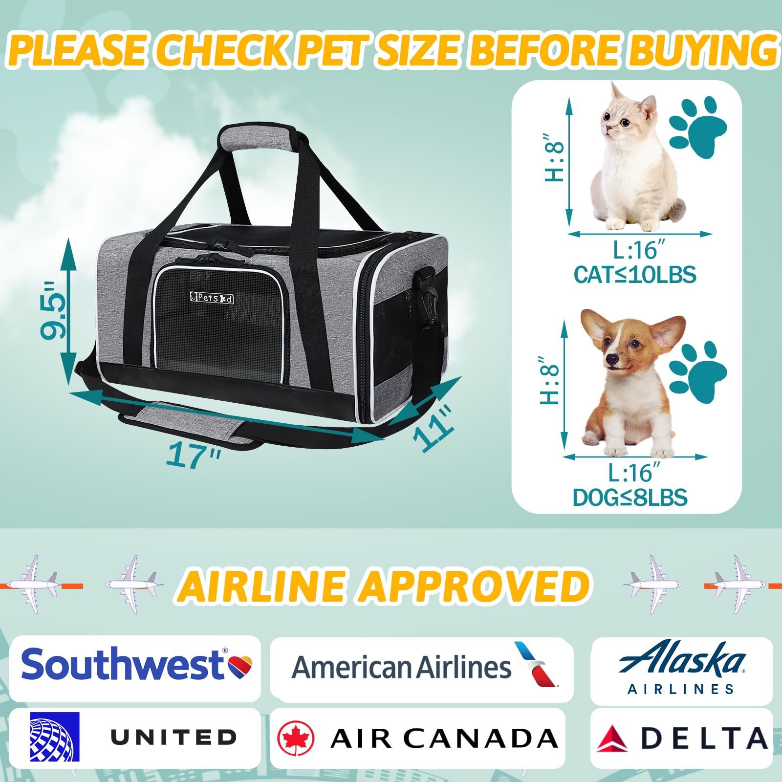 Petskd Pet Carrier 17X11X9.5 Alaska Airline Approved,Pet Travel Carrier Bag For Small Cats And Dogs, Soft Dog Carrier For 1-10 Lbs Pets,Dog Cat Carrier With Safety Lock Zipper(Grey)