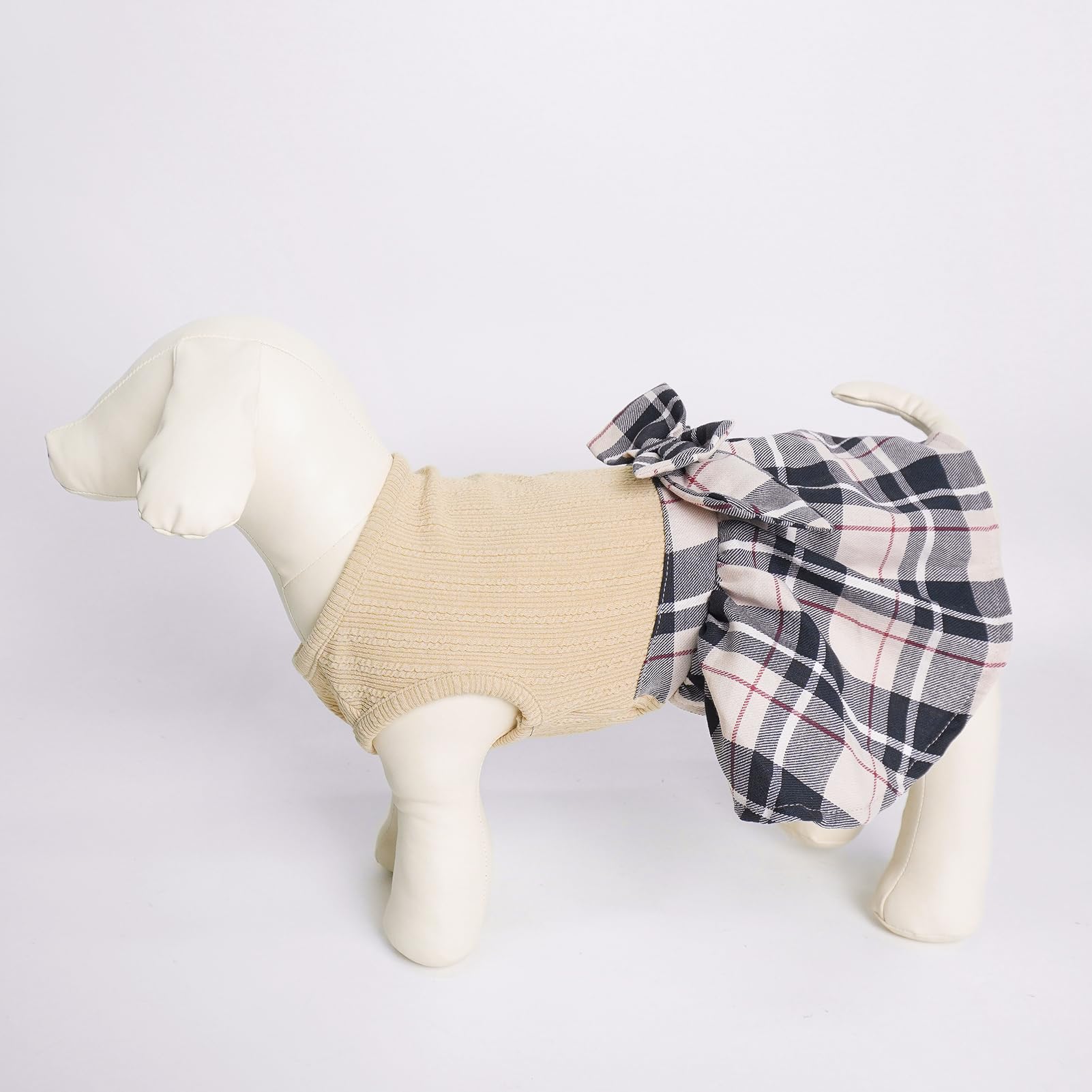 Pupteck Classic Plaid Dog Dress Pet Apparel With Cute Bowtie Puppy Clothes Outfit,Cream,S