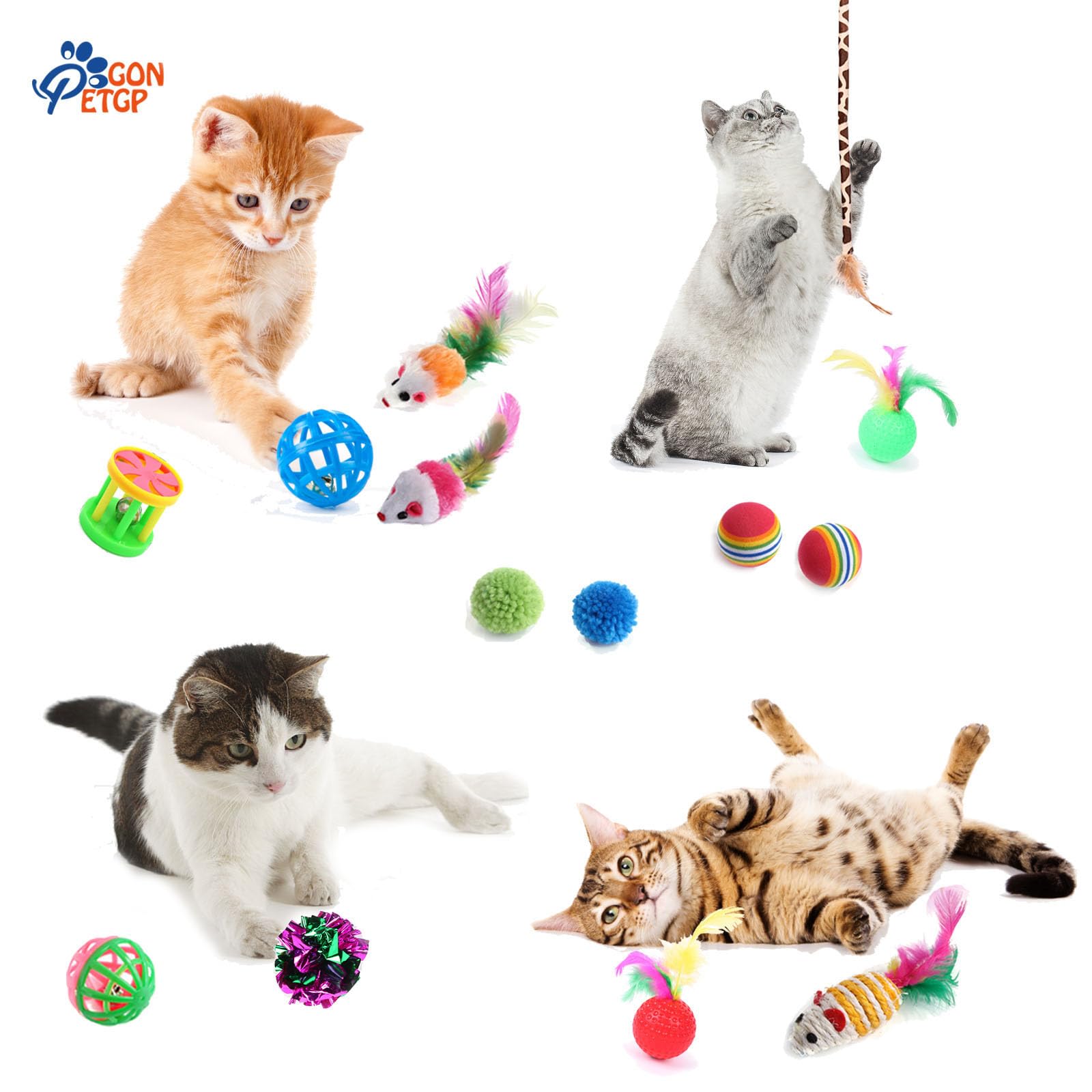 Gonpetgp Collapsible Pet Tunnel Cube Tent Toys, Interactive Cat Feather Teaser Wand Cat Bell Balls Fuzzy Ball Springs Mouse Toys