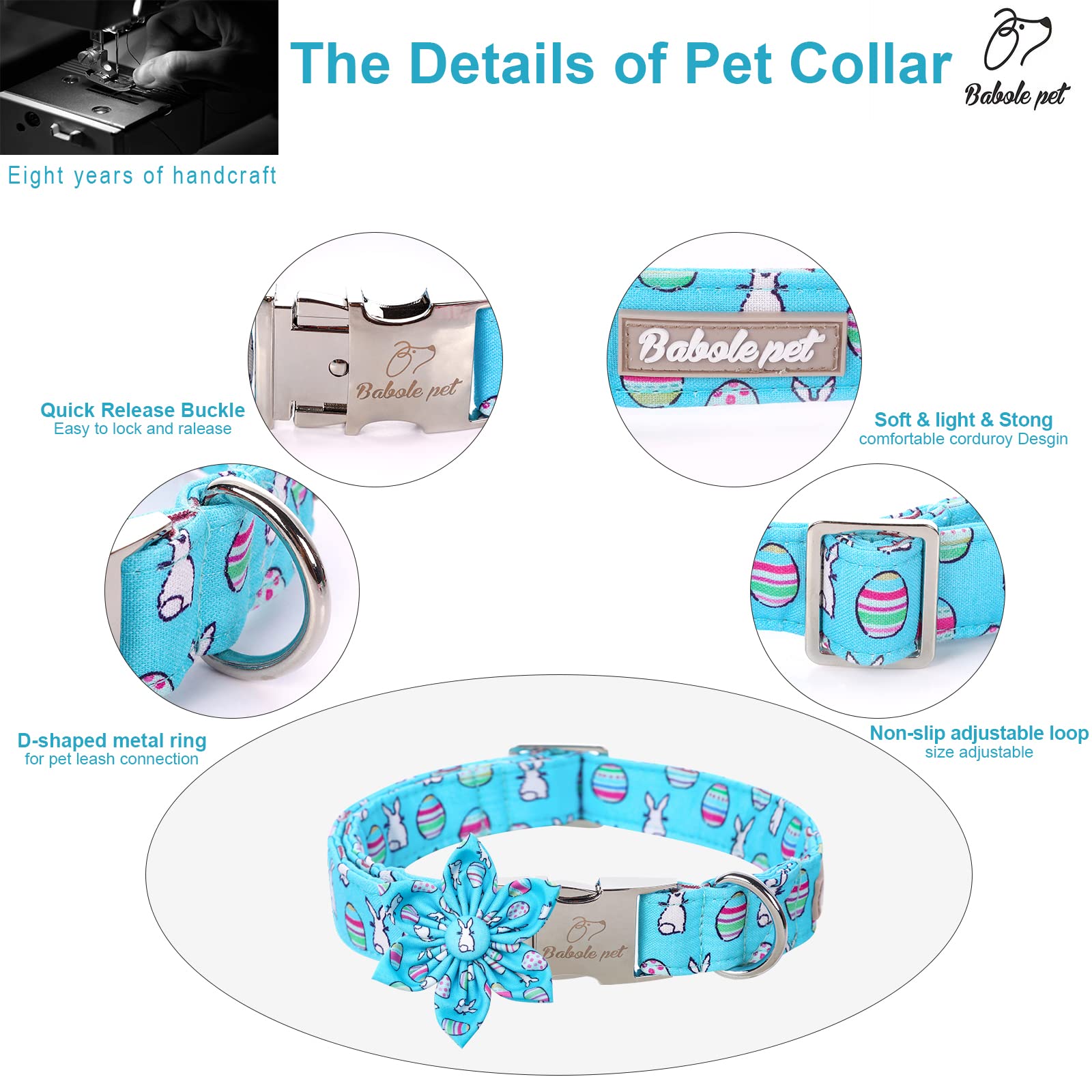 Babole Pet Dog Collar Easter Gift With Flower Tie, Rabbit Egg Male Dog Collar With Safety Metal Buckle Adjustable Puppy Collars For Small Medium Large Boy & Girl Dog,M-Neck 13.5'-22'