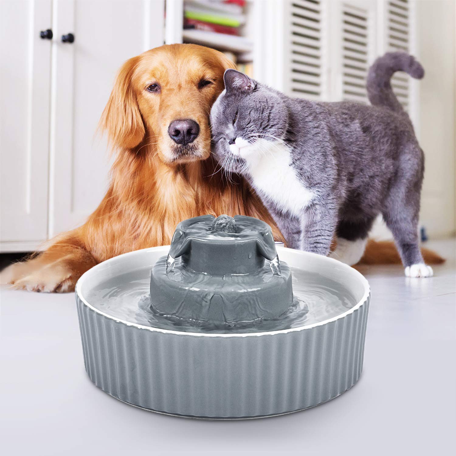 VinDox 2.1L Ceramic Cat Water Fountain - 70 Oz Capacity, Whisper-Quiet, Grey, Model PT-34, Ideal for Shy Pets