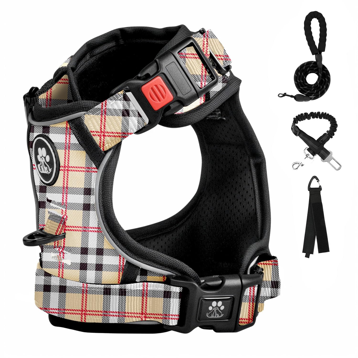 Furryfection Plaid Dog Harness For Large Dogs | No Pull Reflective Pet Harness | No Choke Adjustable Dog Vest Harnesses | With Leash | Easy Control Handle | Front Lead | Seat Belt | Beige&White | Xl