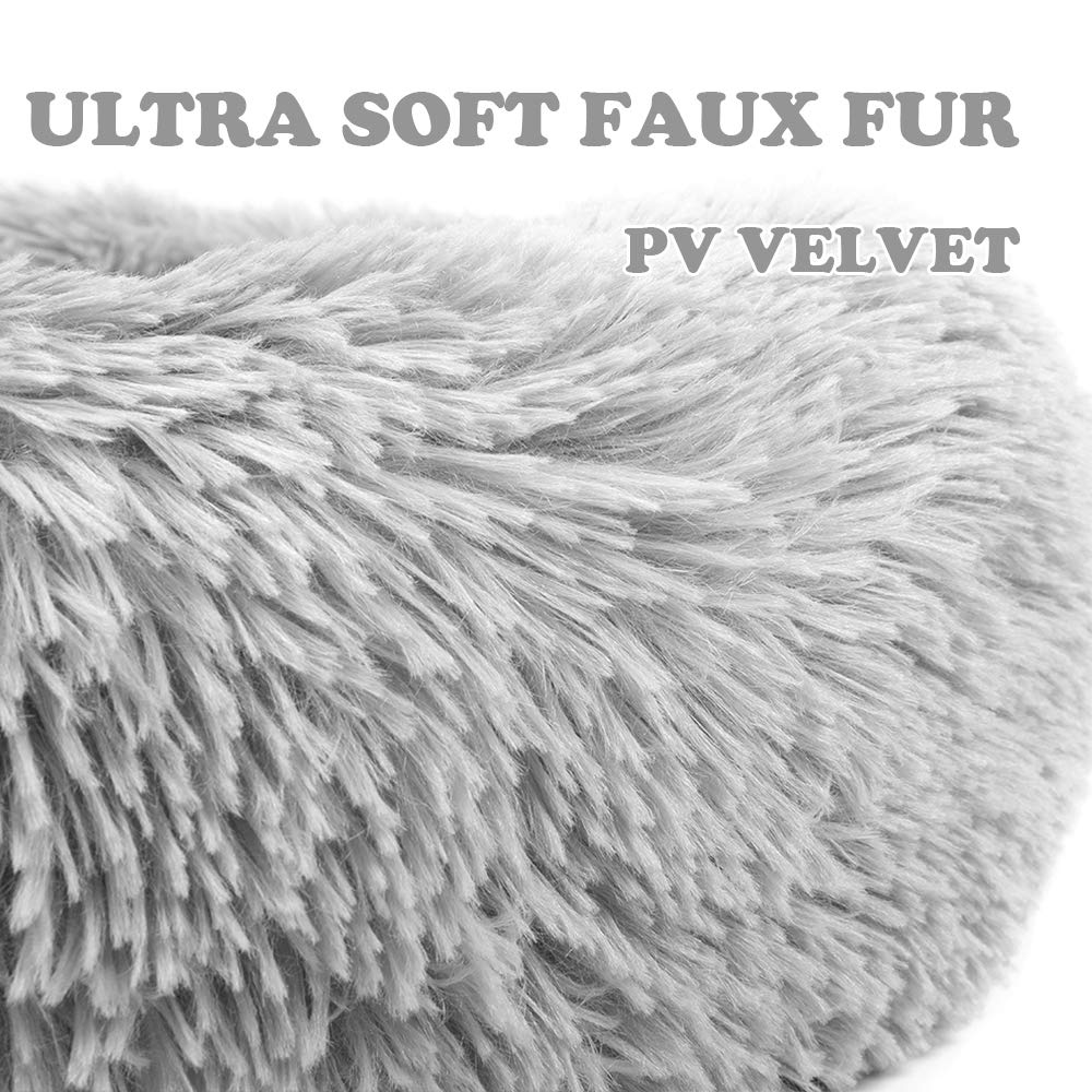 Otoez Round Plush Donut Pet Bed Warm Fur Cuddler Dog Cat Cushion Bed Calming Bed Non-Slip Bottom (15.7', Light Grey)