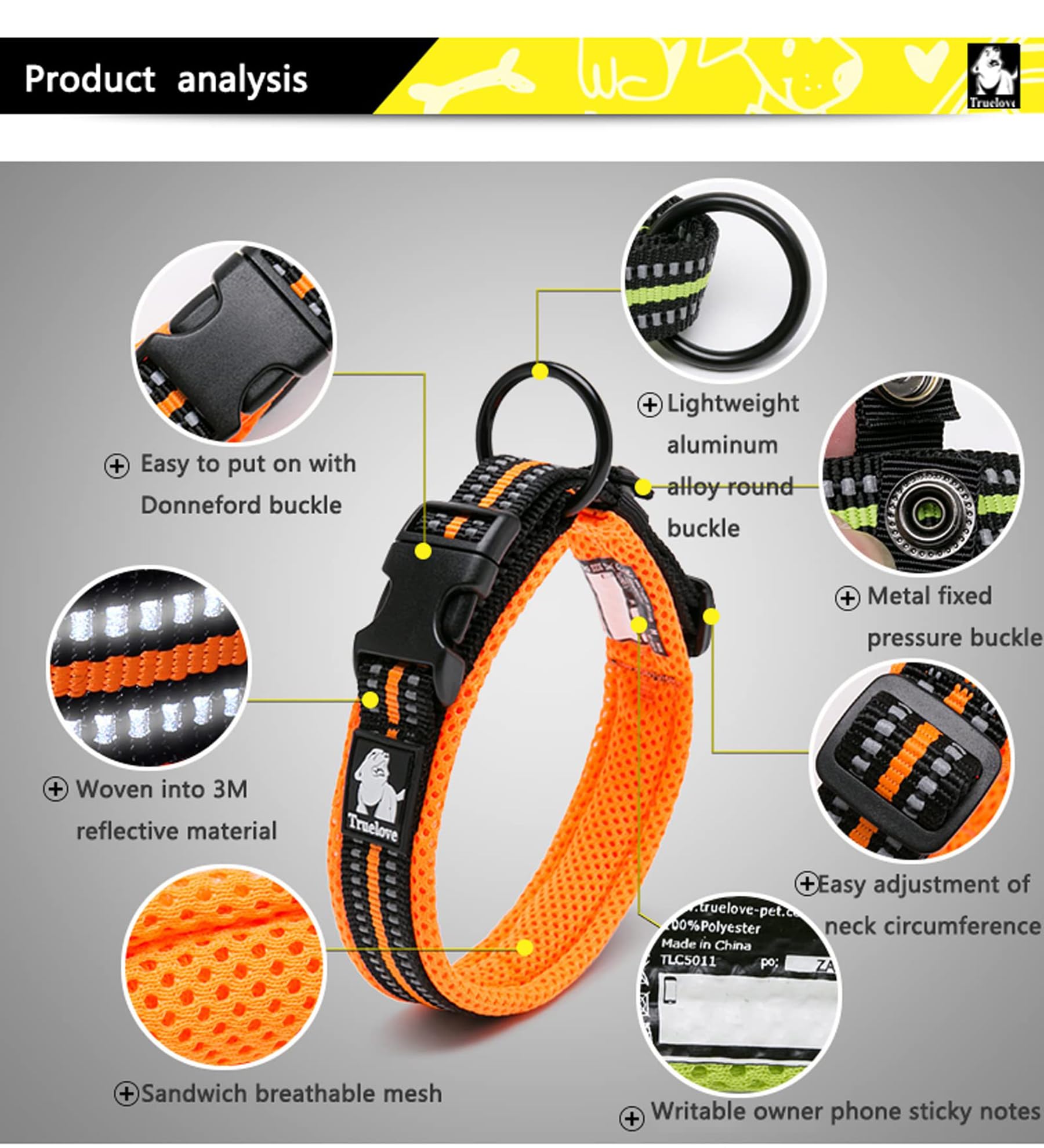 Truelove Dog Collar Reflective Premium Duraflex Buckle,High Grade Nylon Webbing No Choke Basic Collars Tlc5011(Neon Yellow,Xl)