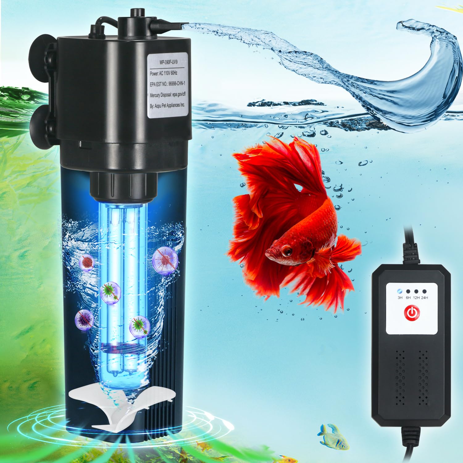 Aquarium U-V Filter for 40-75 Gal, 211 GPH Swirl Turbo Design Submersible Internal Turtle Fish Tank Filter w/Timer, Quiet Power 