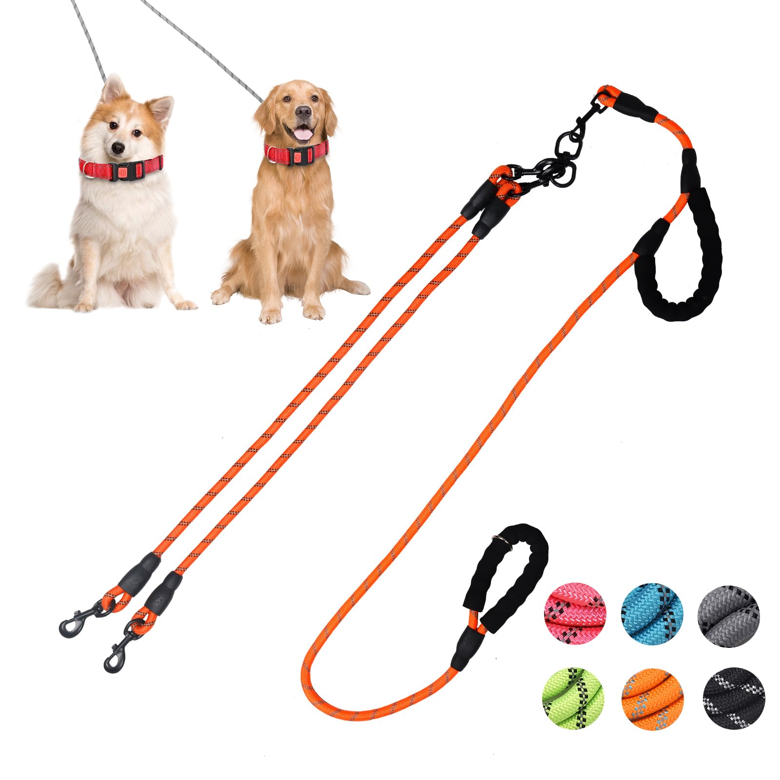 Dual Leash - Exceptional 360 Anti-Tangle & No Pull Leash For Small & Medium Dogs - Double Handle & Reflective - Orange, 2 Way